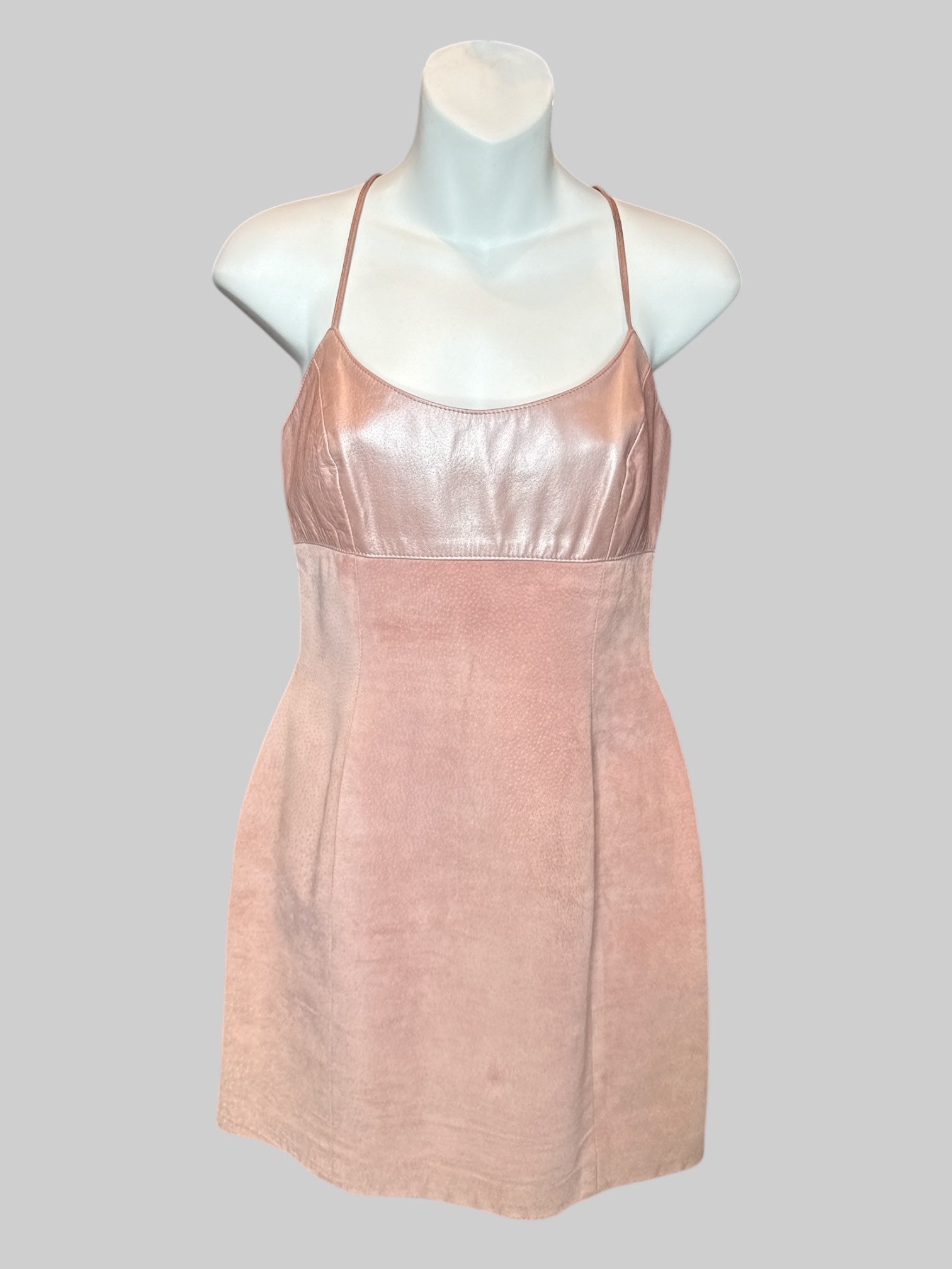 XS Pink sleeveless leather dress with shiny leather top, and suede bottom