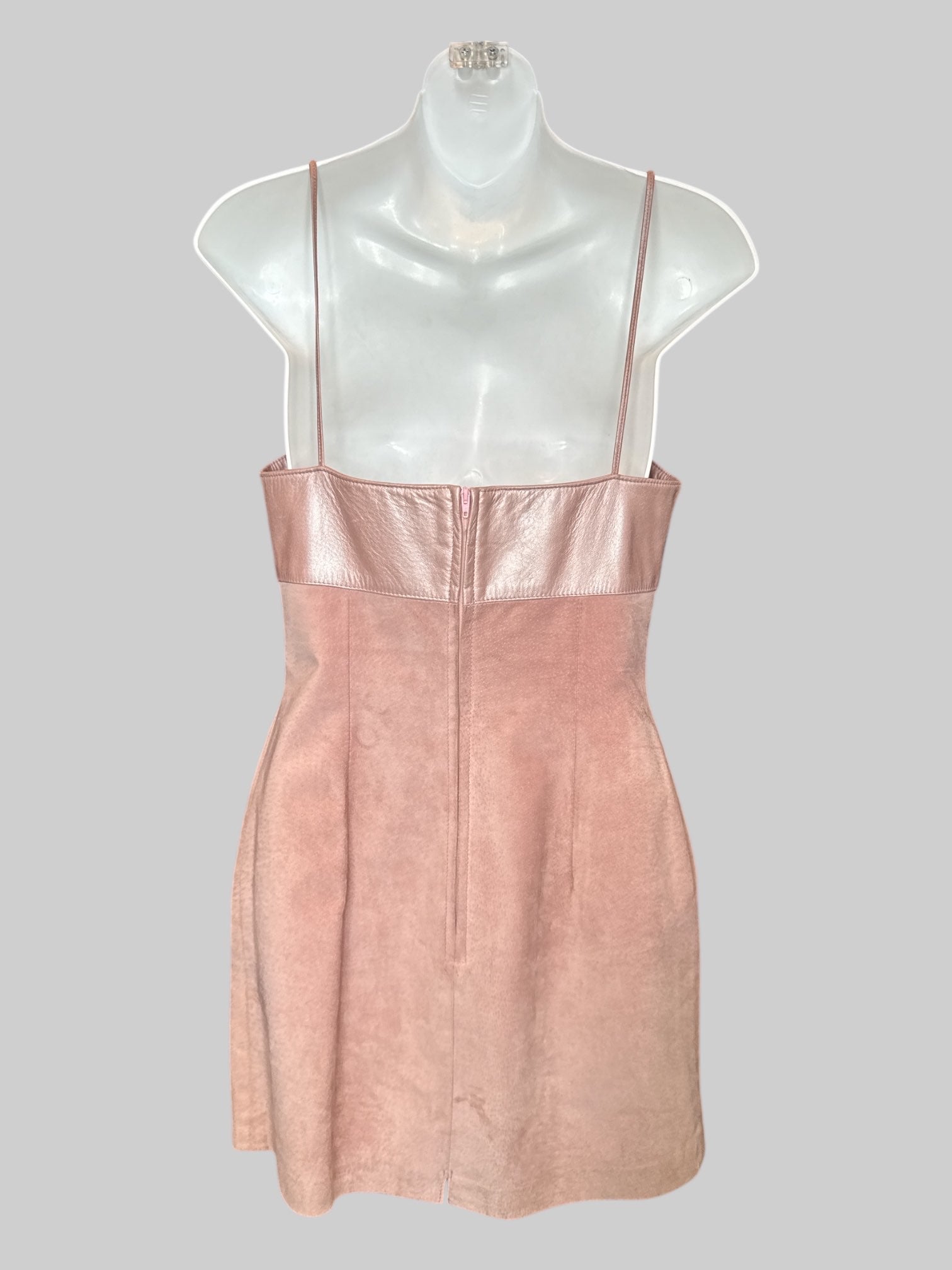 XS Pink sleeveless leather dress with shiny leather top, and suede bottom