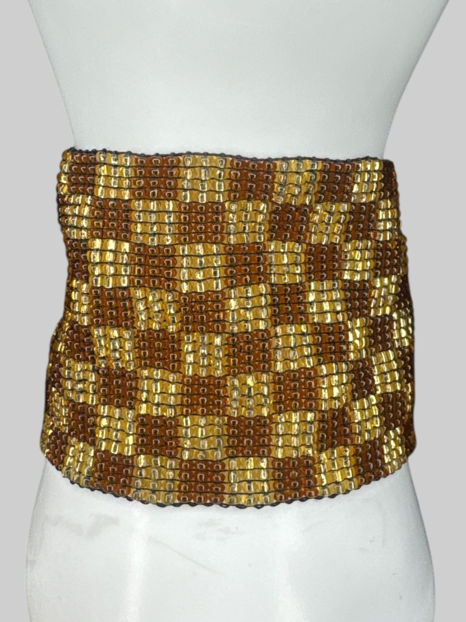 Brown and gold checkered beaded bracelet with ball clasp