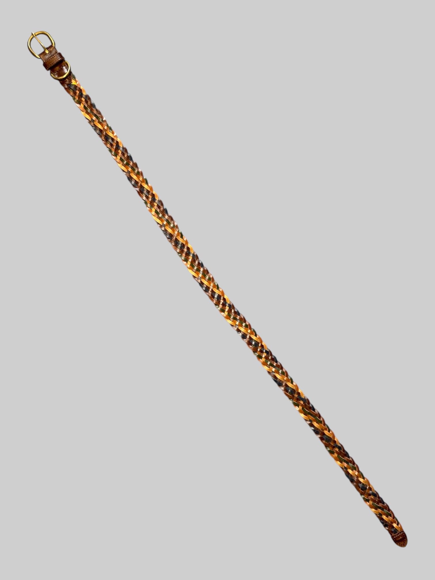 XL Multicolor leather braided belt with brass tone buckle