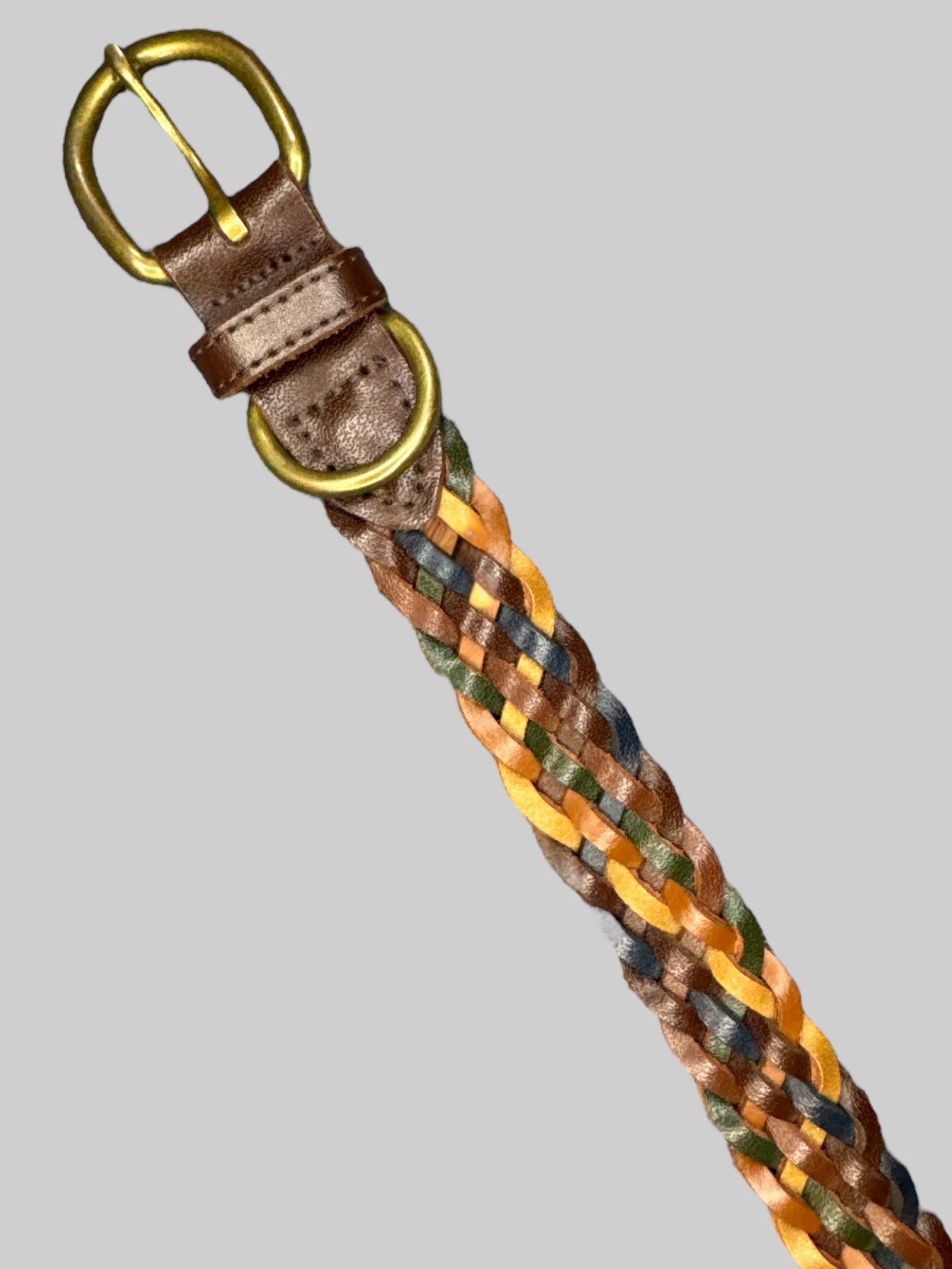 XL Multicolor leather braided belt with brass tone buckle