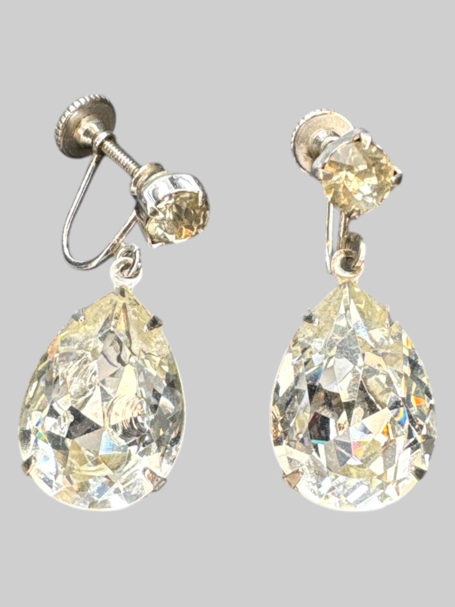 Silvertone screw clip on large rhinestone earrings