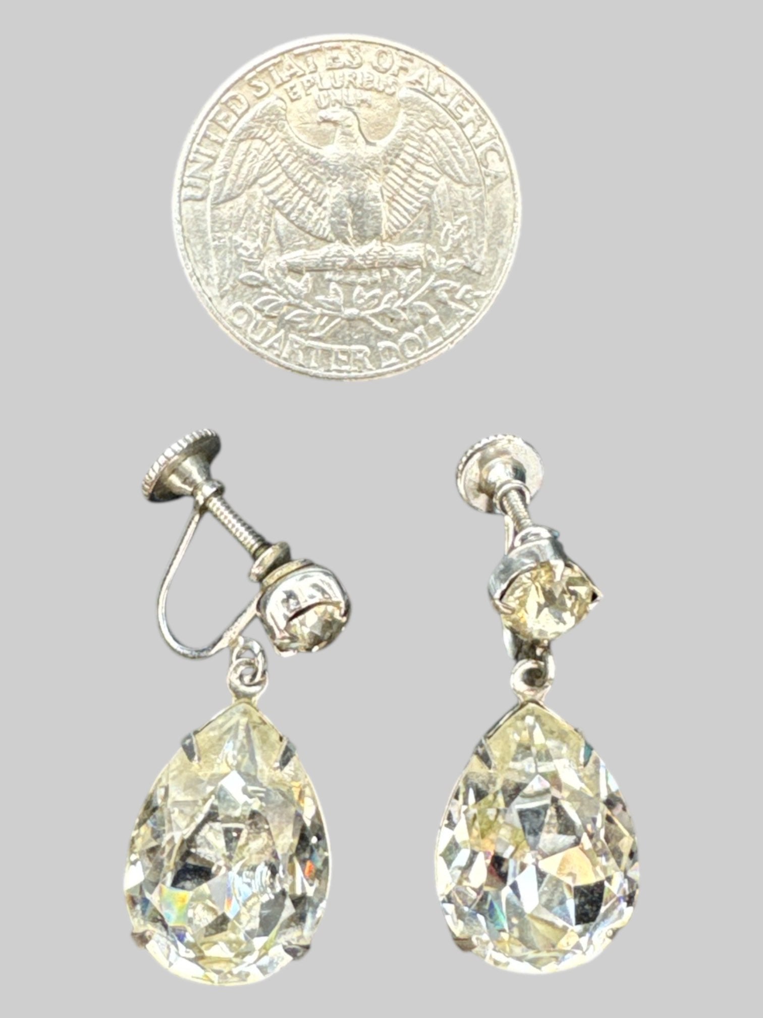 Silvertone screw clip on large rhinestone earrings