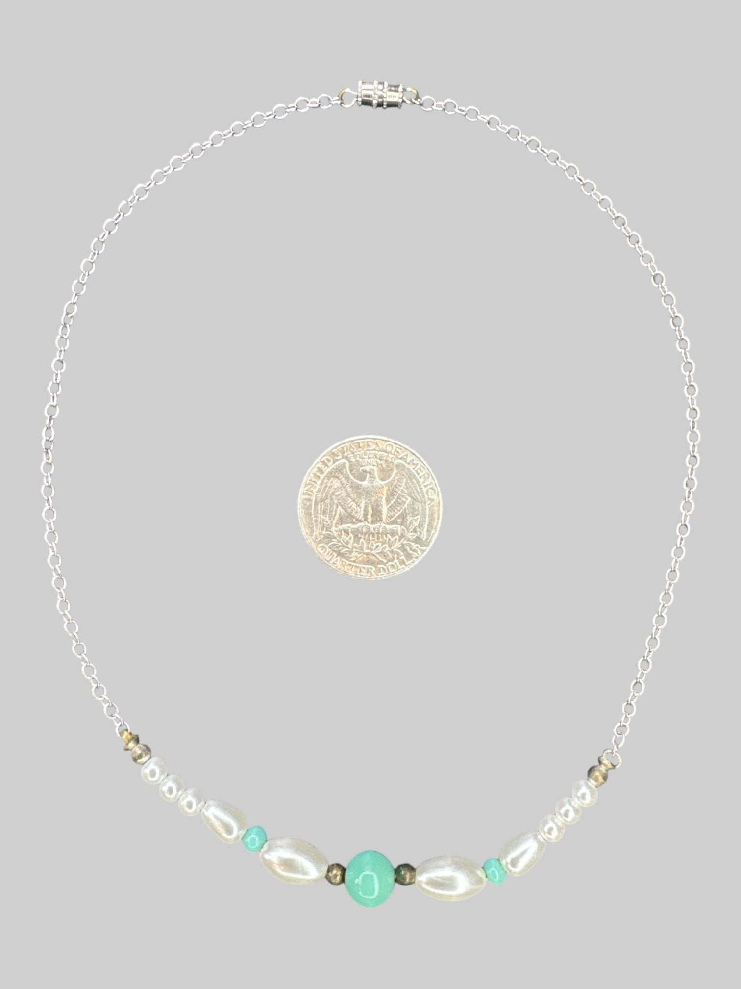 Small silver tone chain choker with screw clasp, and faux pearl and turquoise beaded pendant