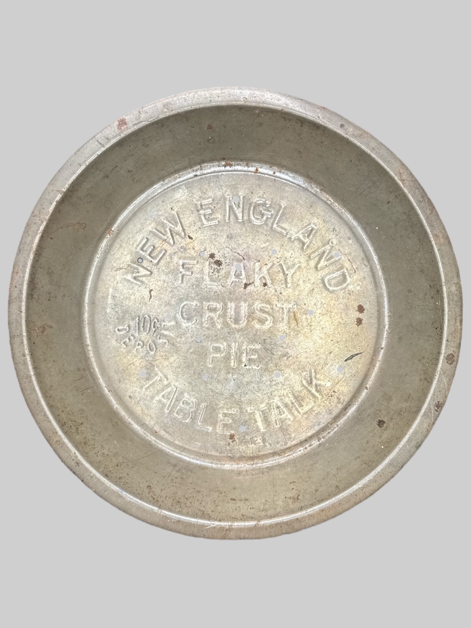 Metal “New England flaky crust pie” pie tin