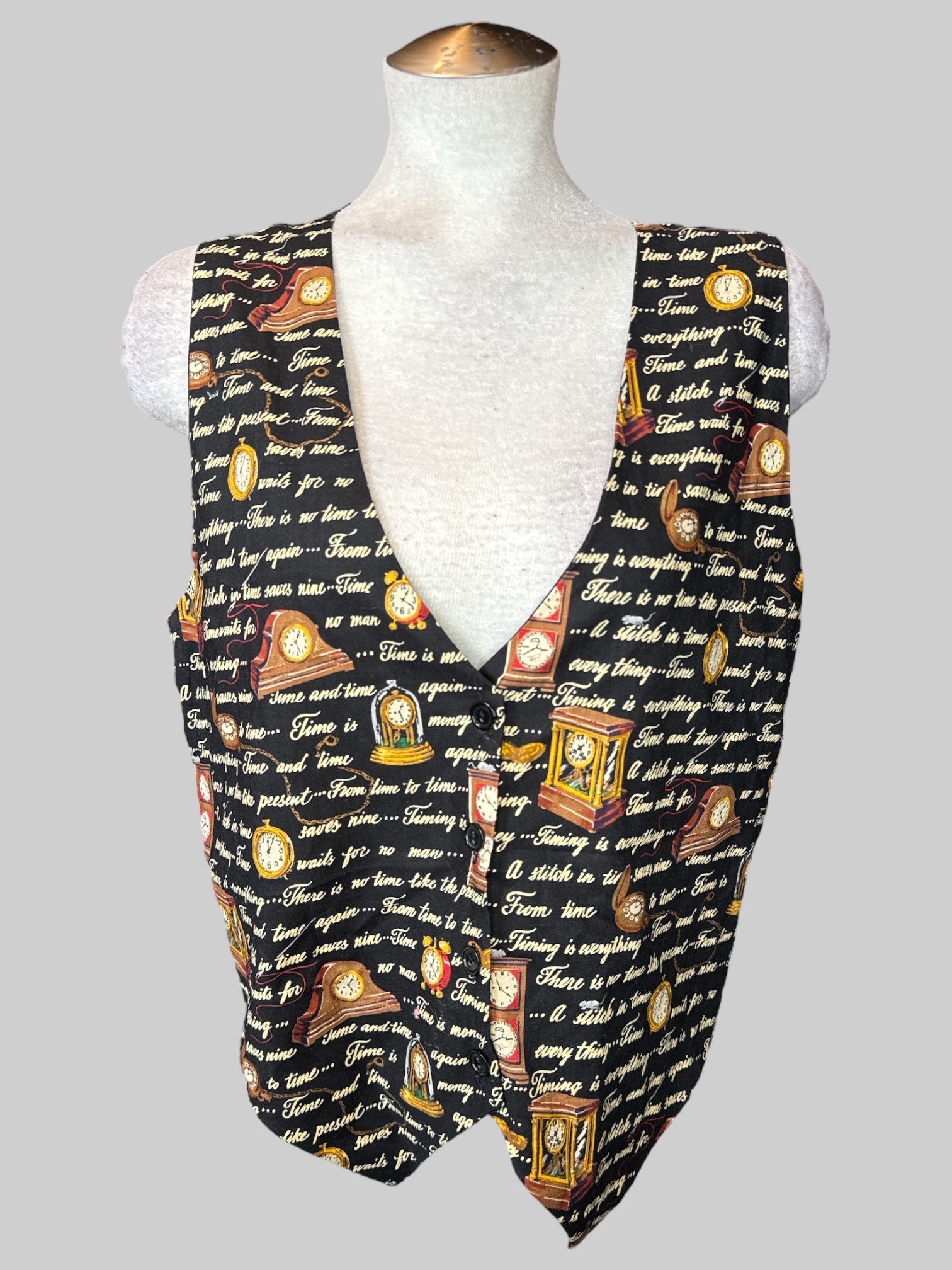 XL Vintage black vest with clocks and time quotes