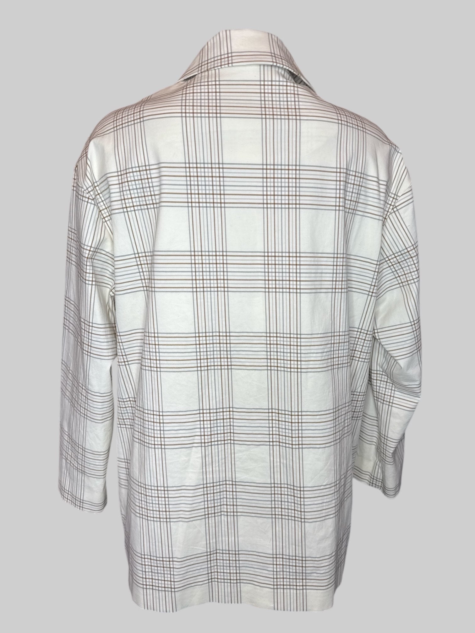 L Off-white blazer with brown and blue checkered, stripes, and pockets