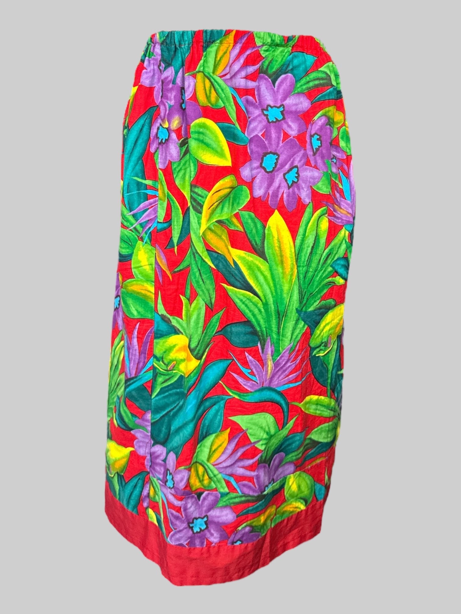 S Handmade red maxi skirt with tropical botanical print, leg slit, and elastic waistband