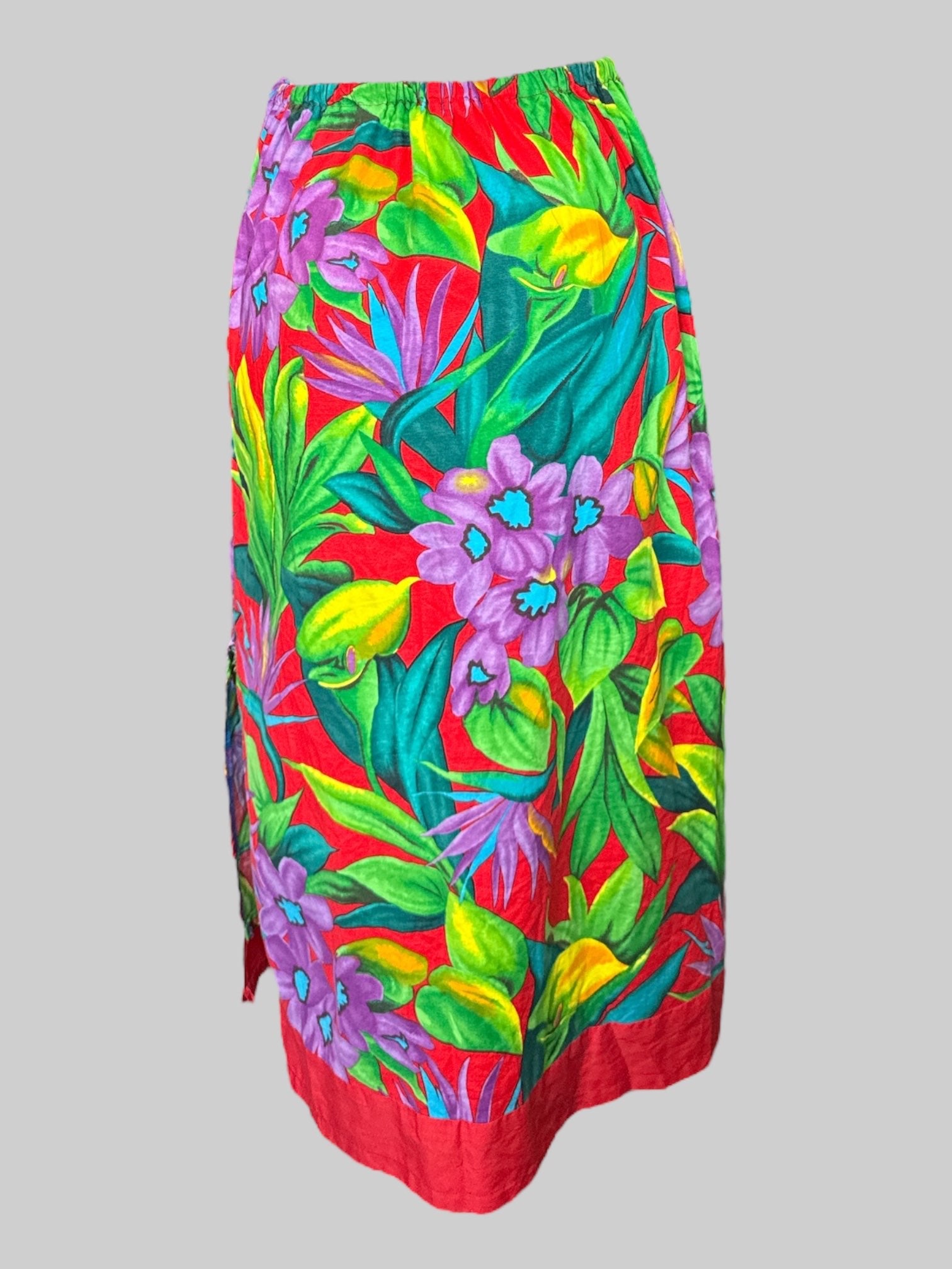 S Handmade red maxi skirt with tropical botanical print, leg slit, and elastic waistband