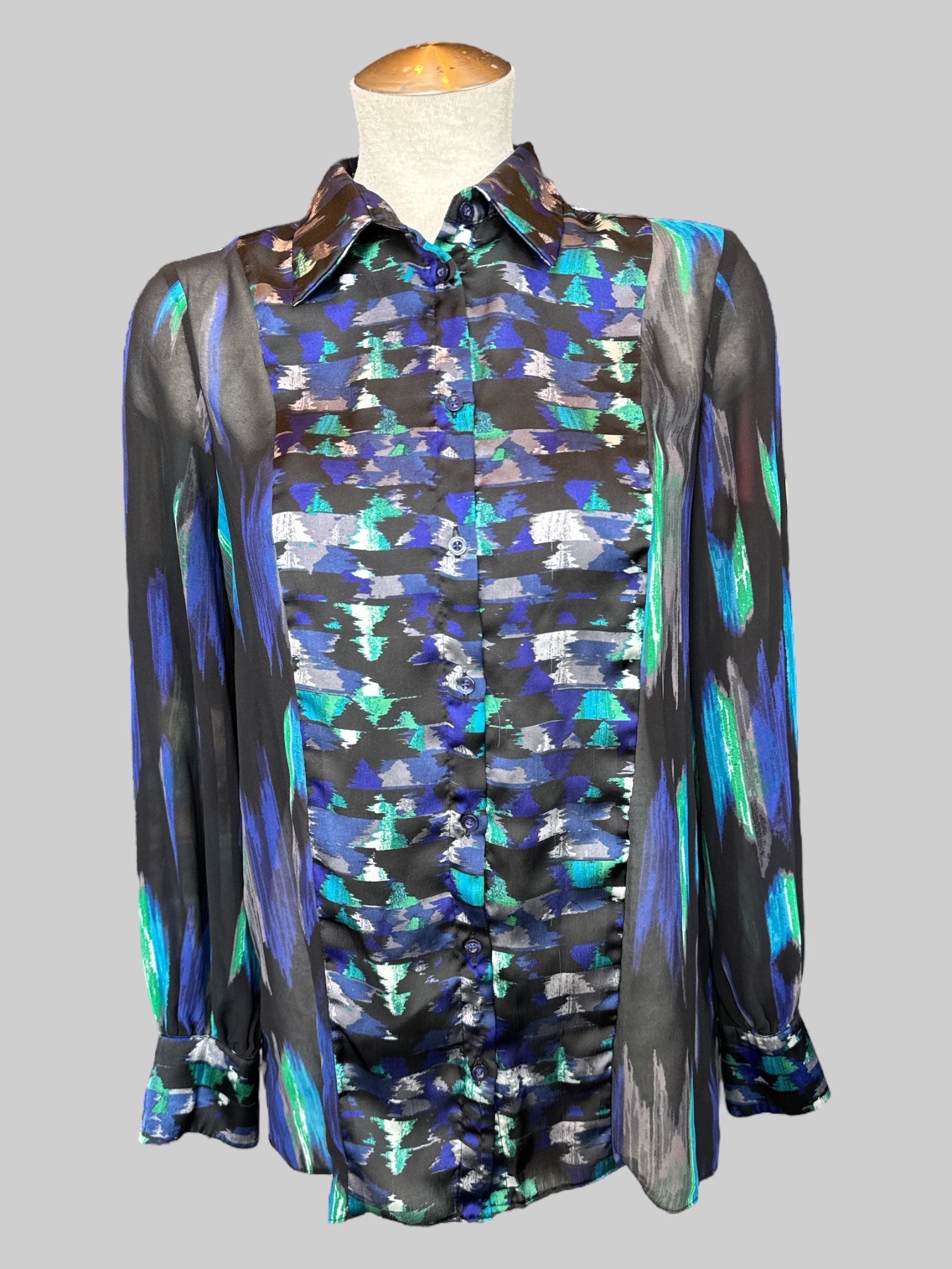 M Black blue green and white tunic style sheer top button up