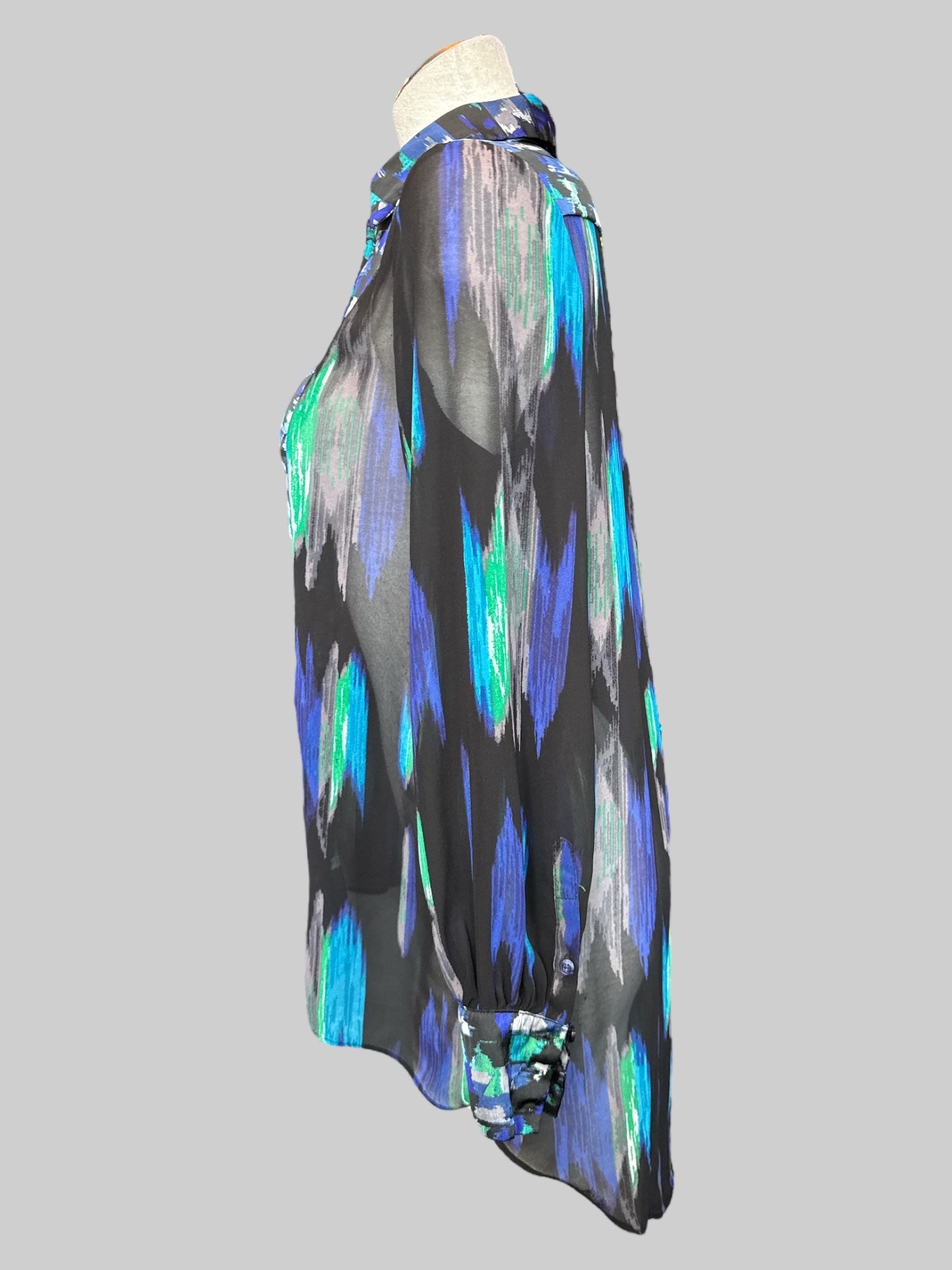 M Black blue green and white tunic style sheer top button up