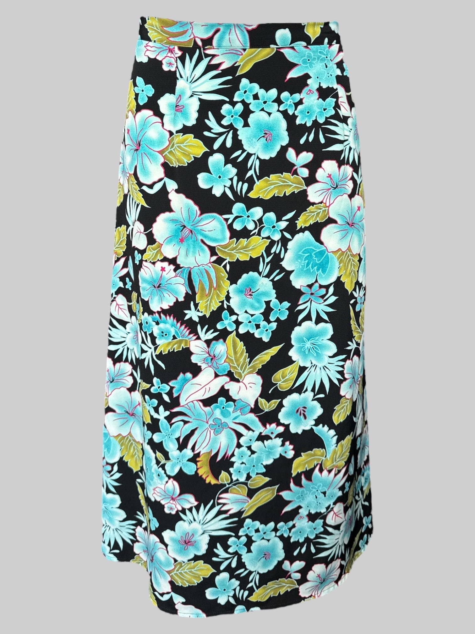 L Vintage black maxi skirt with blue green and pink tropical botanical print, and elastic waistband in back
