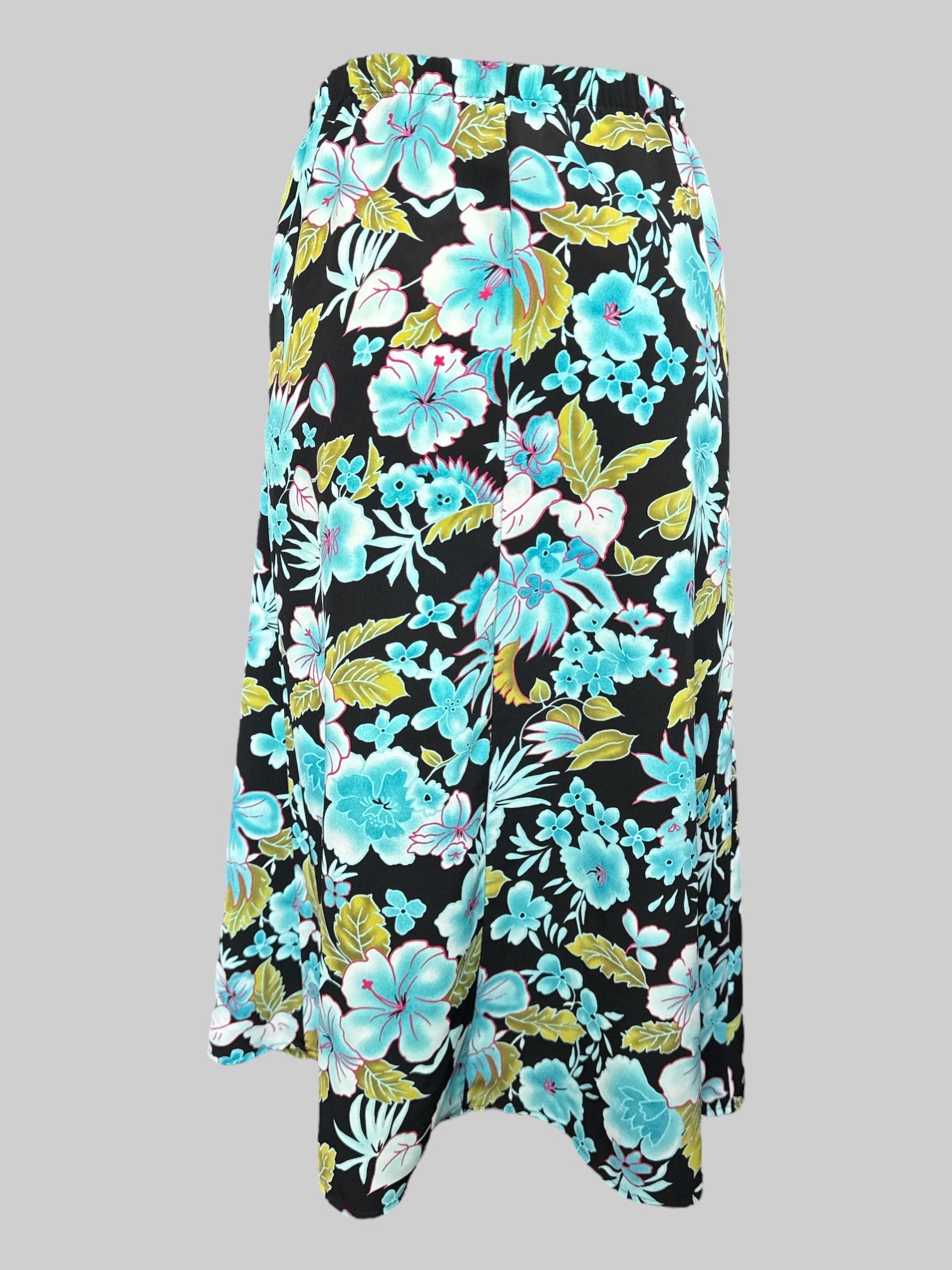 L Vintage black maxi skirt with blue green and pink tropical botanical print, and elastic waistband in back