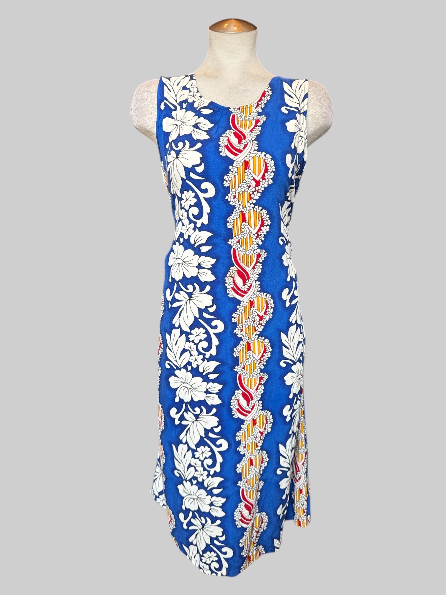 XL Vintage blue maxi dress with multicolor botanical pattern, and tie in back