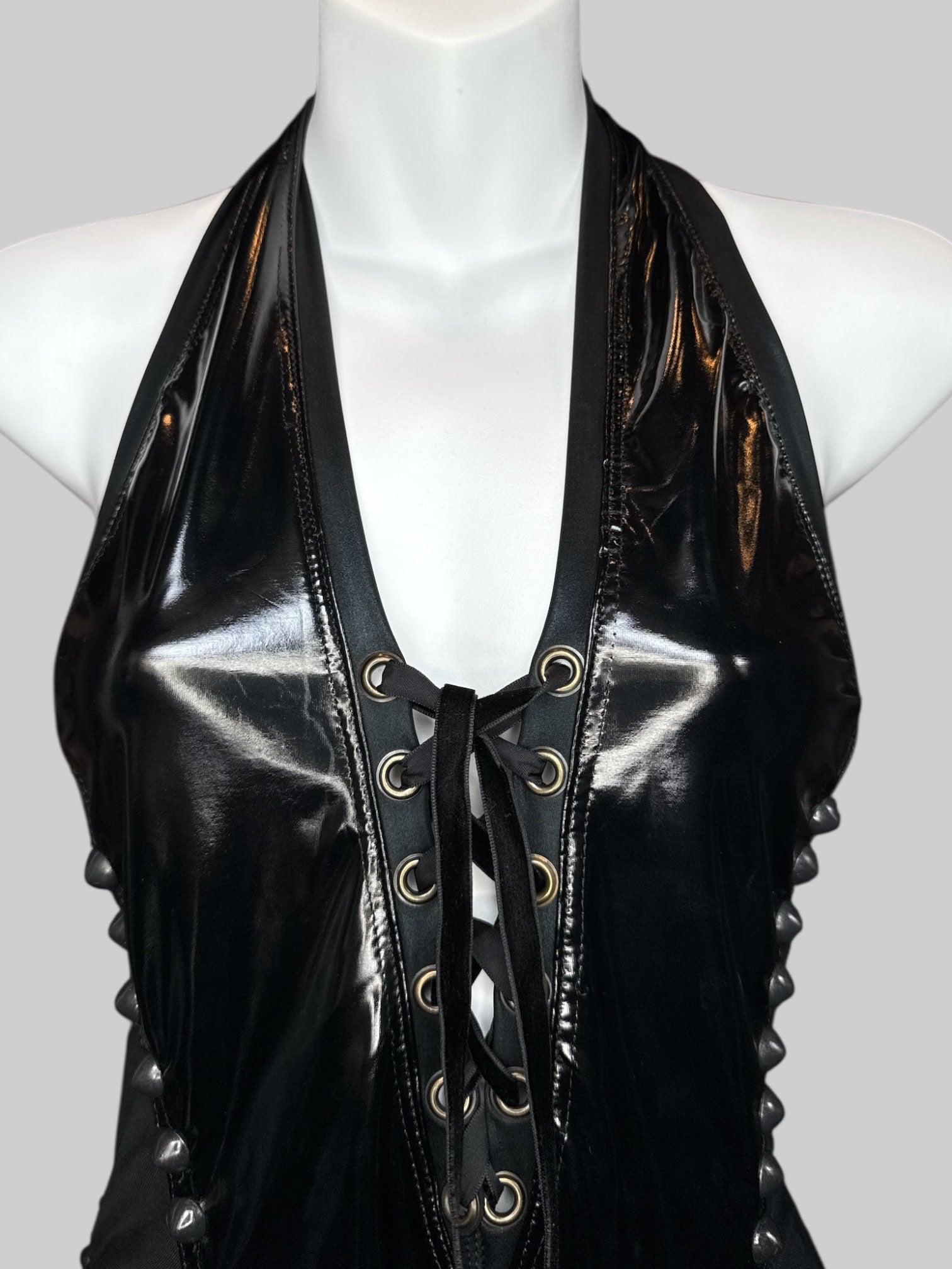 S Toxic Vision black bodysuit with sheer sides and studs