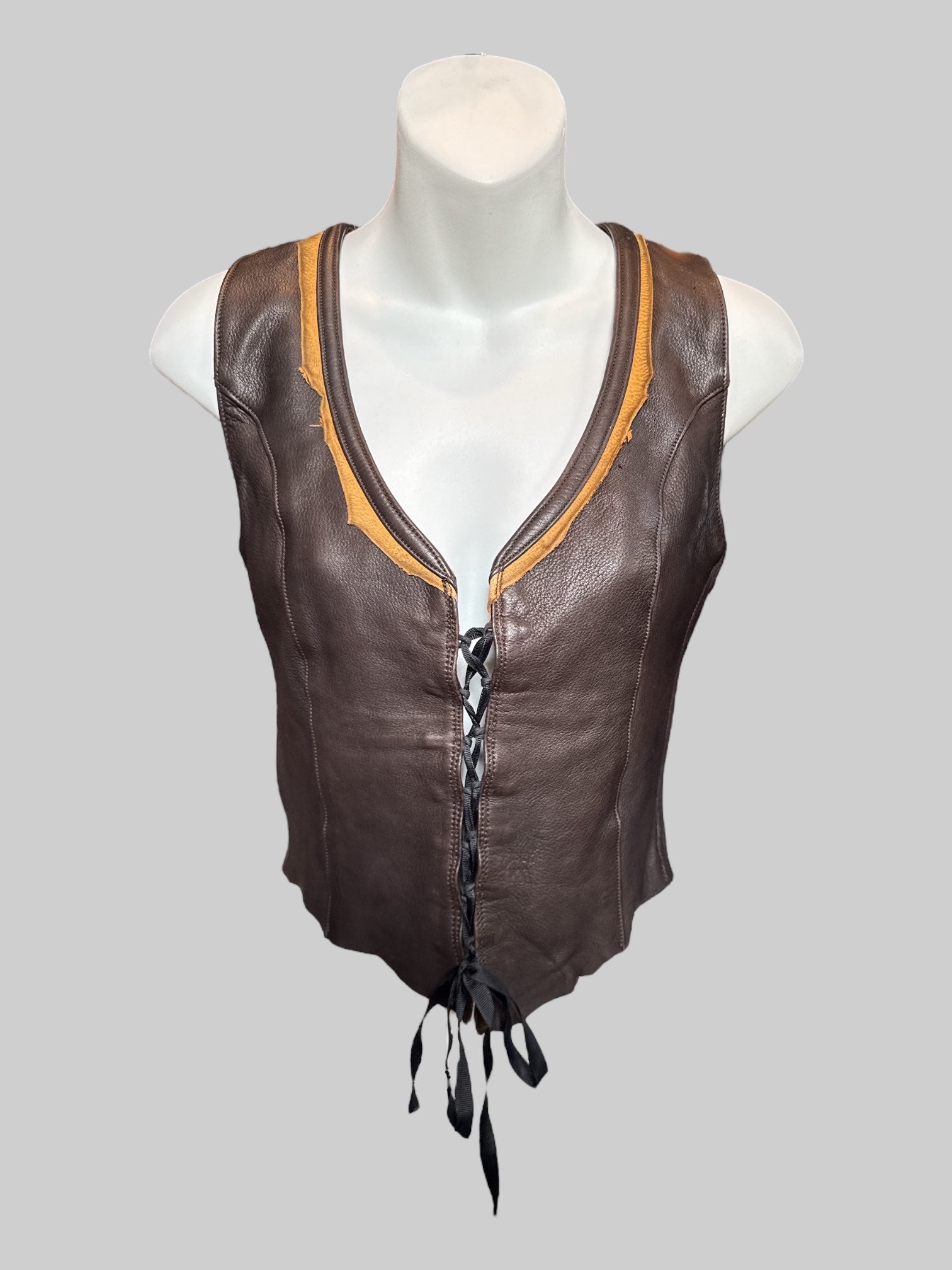 XS Vintage genuine cattle leather brown vest with lace up in front and back