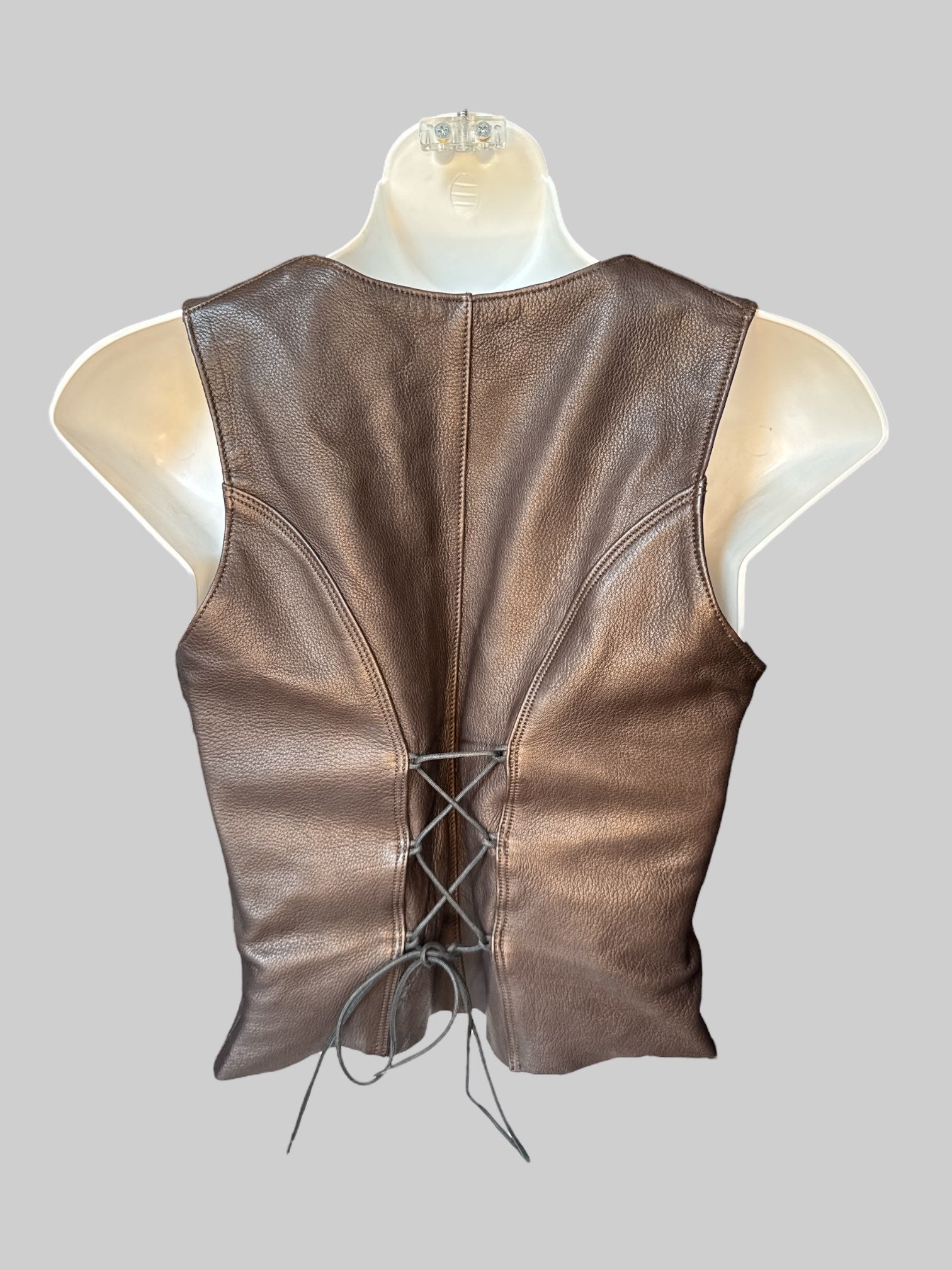 XS Vintage genuine cattle leather brown vest with lace up in front and back