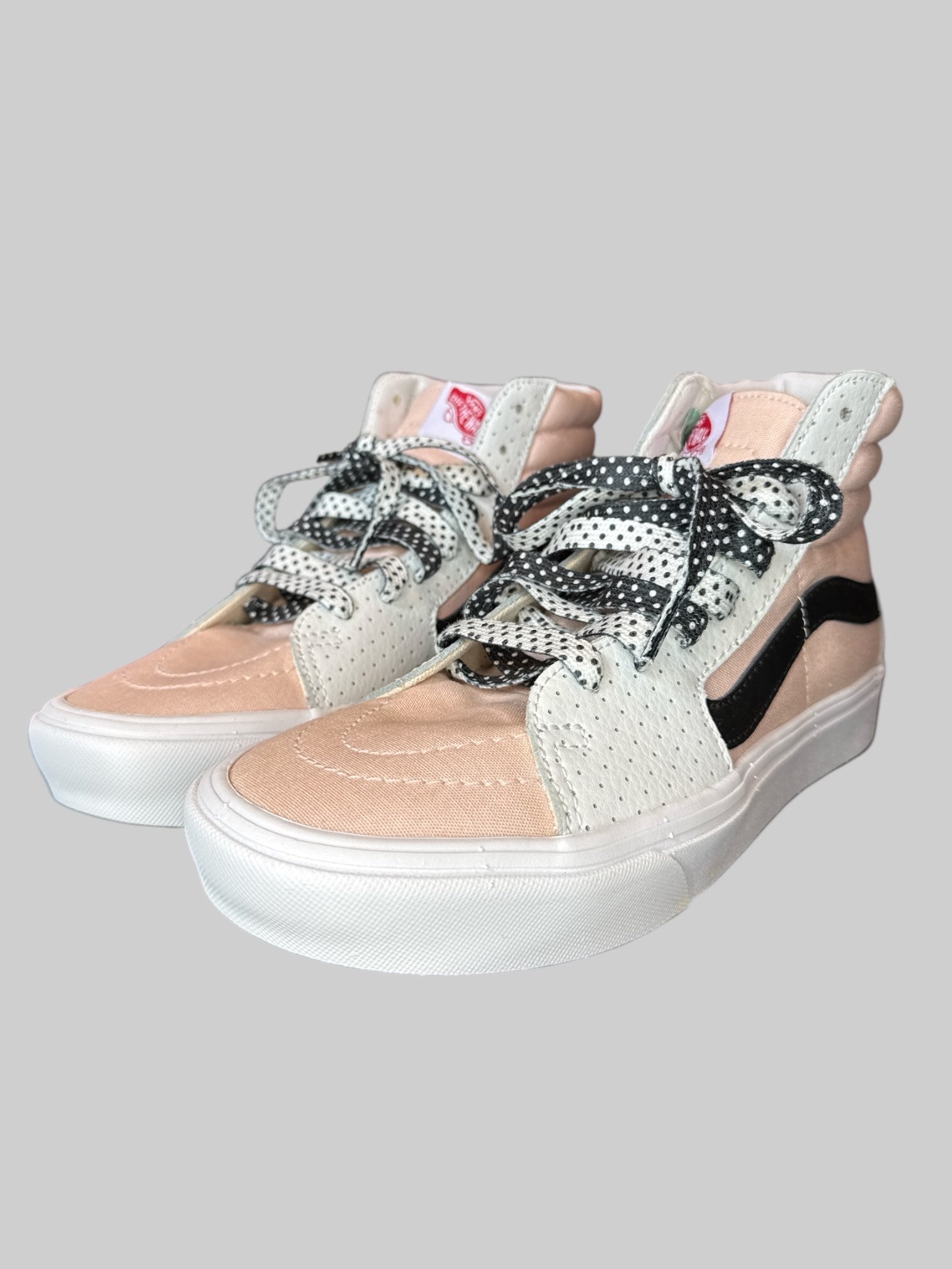 NWT Size 7 in US men or Size 8.5 in US women custom made light pink high top vans with “Clownin Around” on heels