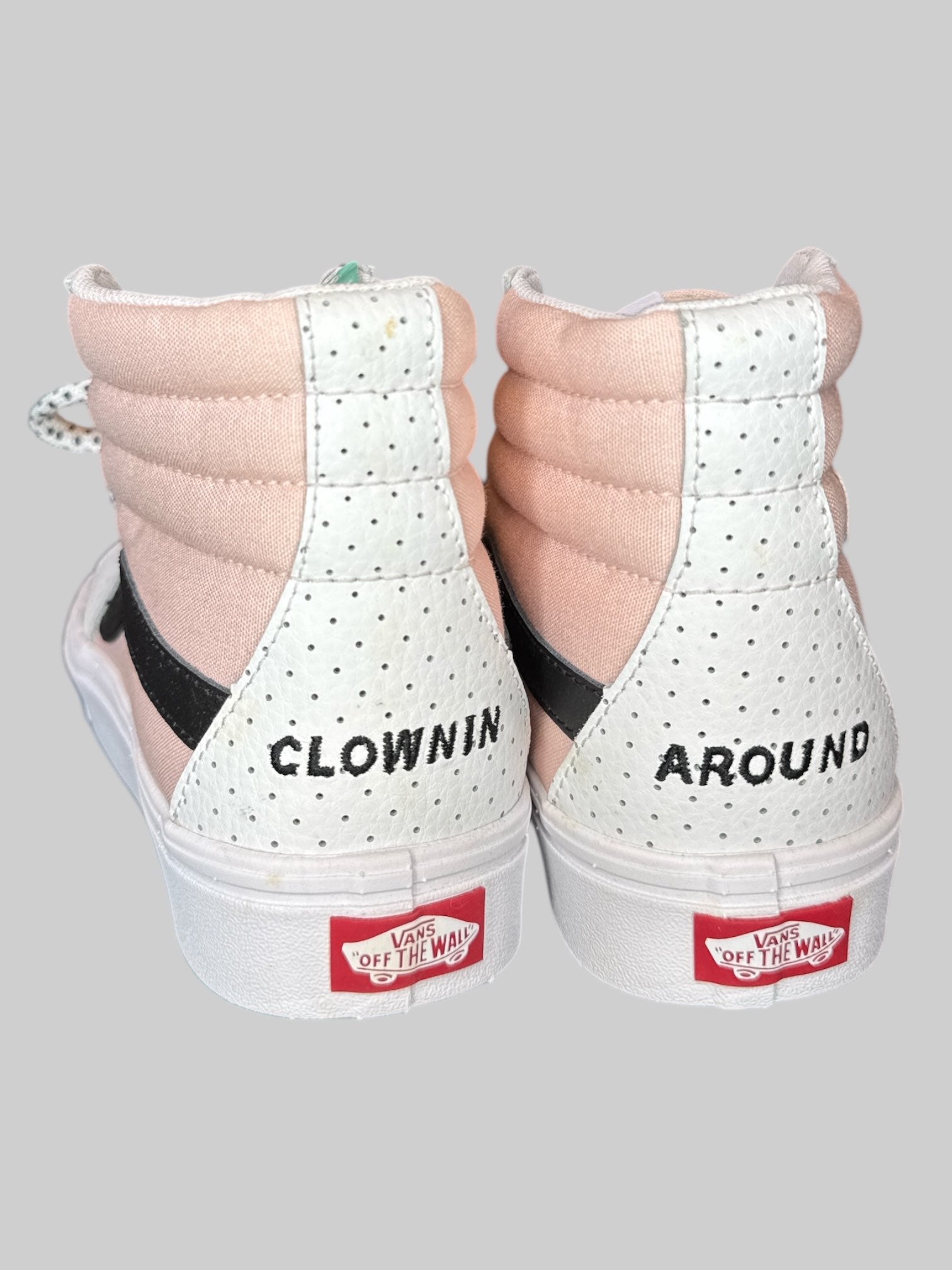 NWT Size 7 in US men or Size 8.5 in US women custom made light pink high top vans with “Clownin Around” on heels