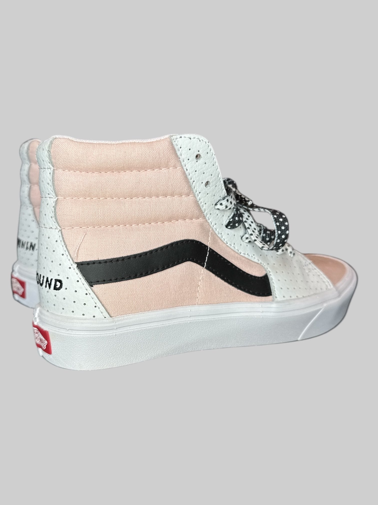 NWT Size 7 in US men or Size 8.5 in US women custom made light pink high top vans with “Clownin Around” on heels