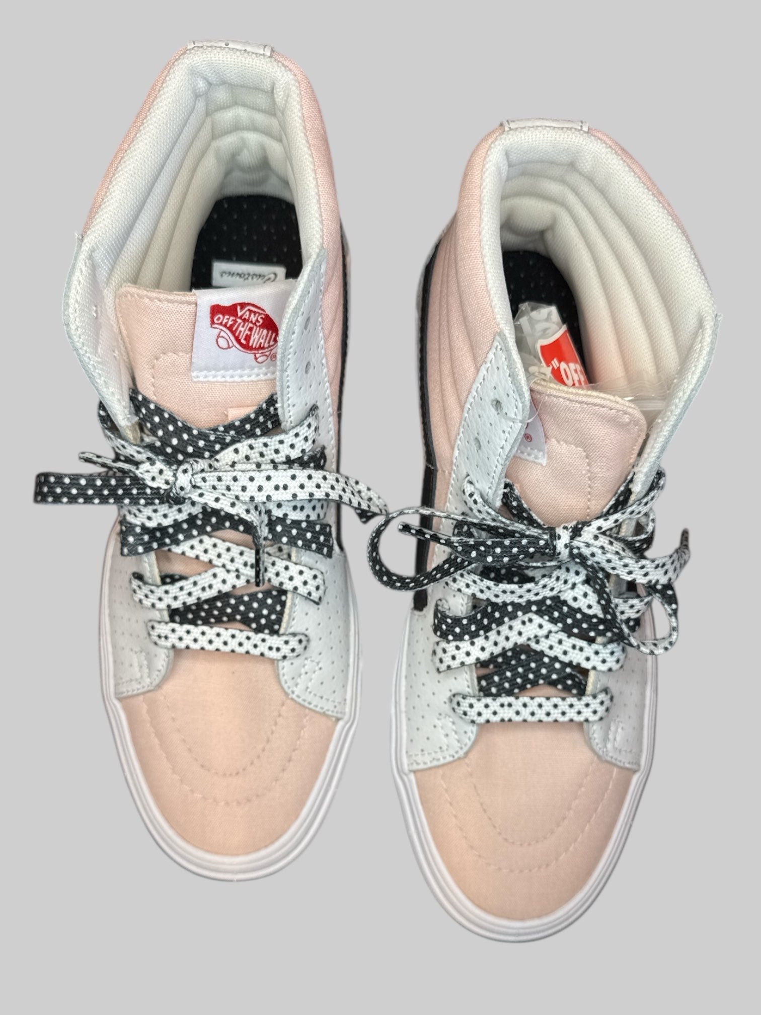 NWT Size 7 in US men or Size 8.5 in US women custom made light pink high top vans with “Clownin Around” on heels