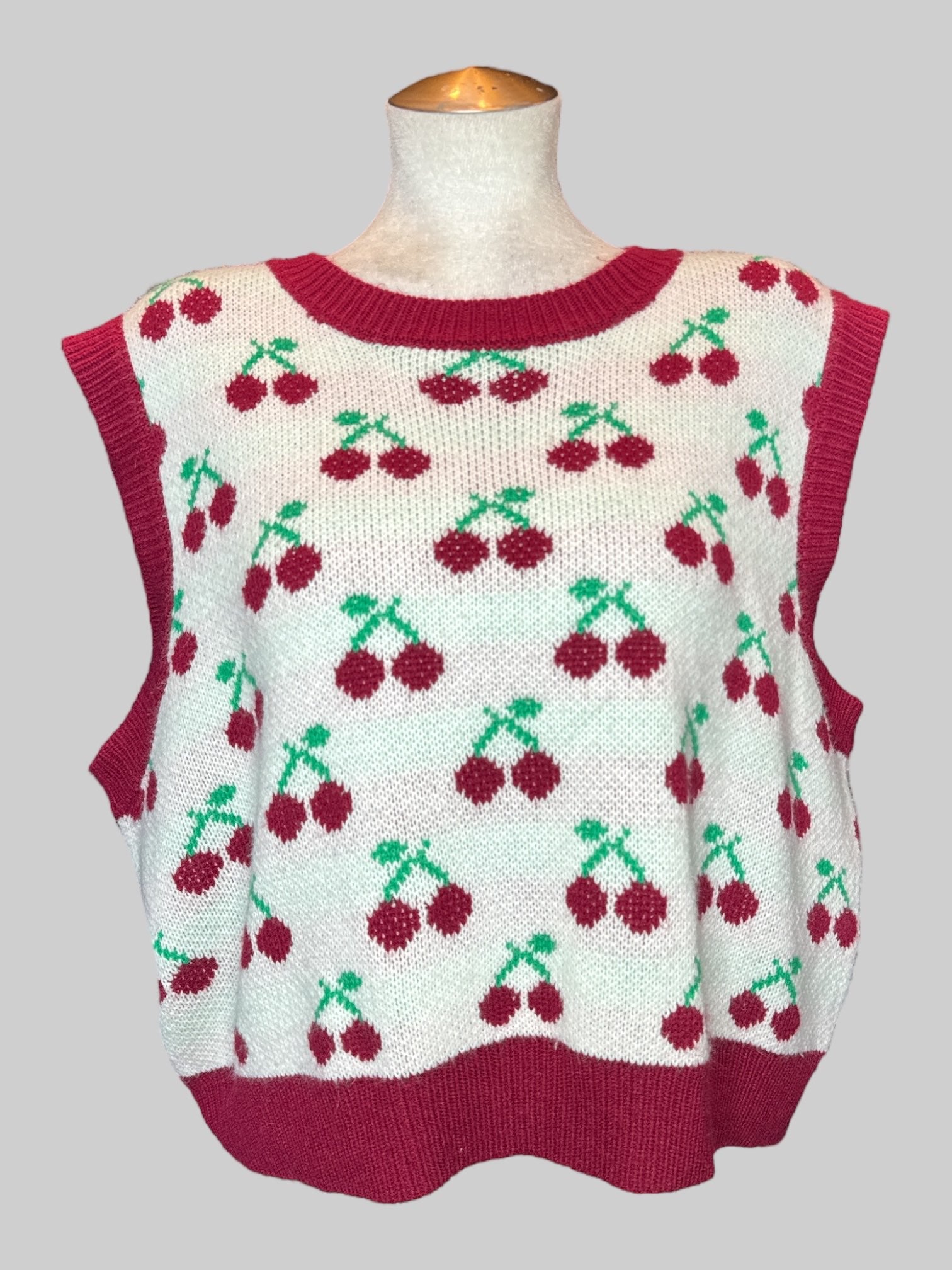 2X White sweater vest with cherries and red trim