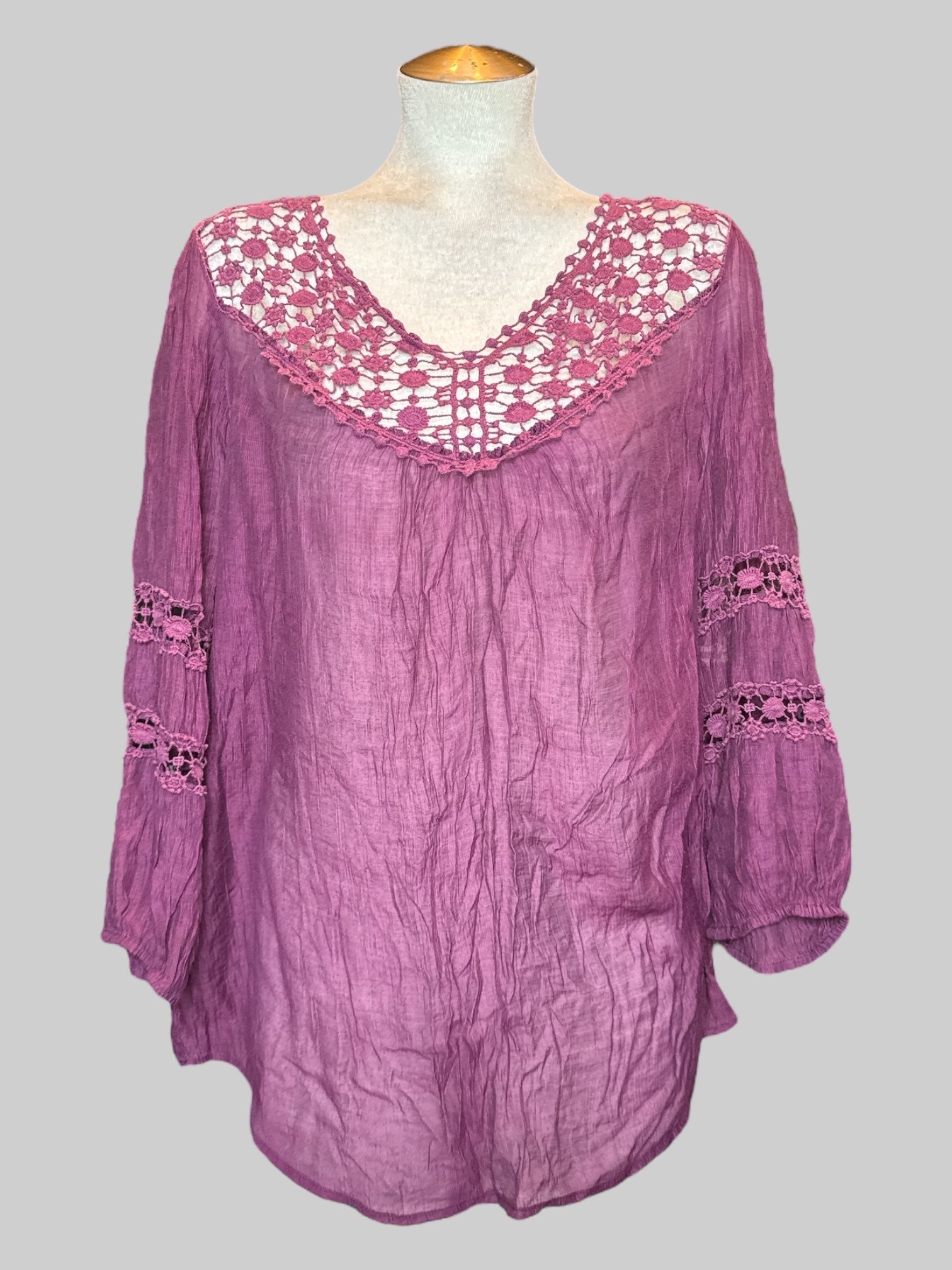 L Sheer flowy purple shirt with lattice cut outs and balloon sleeves