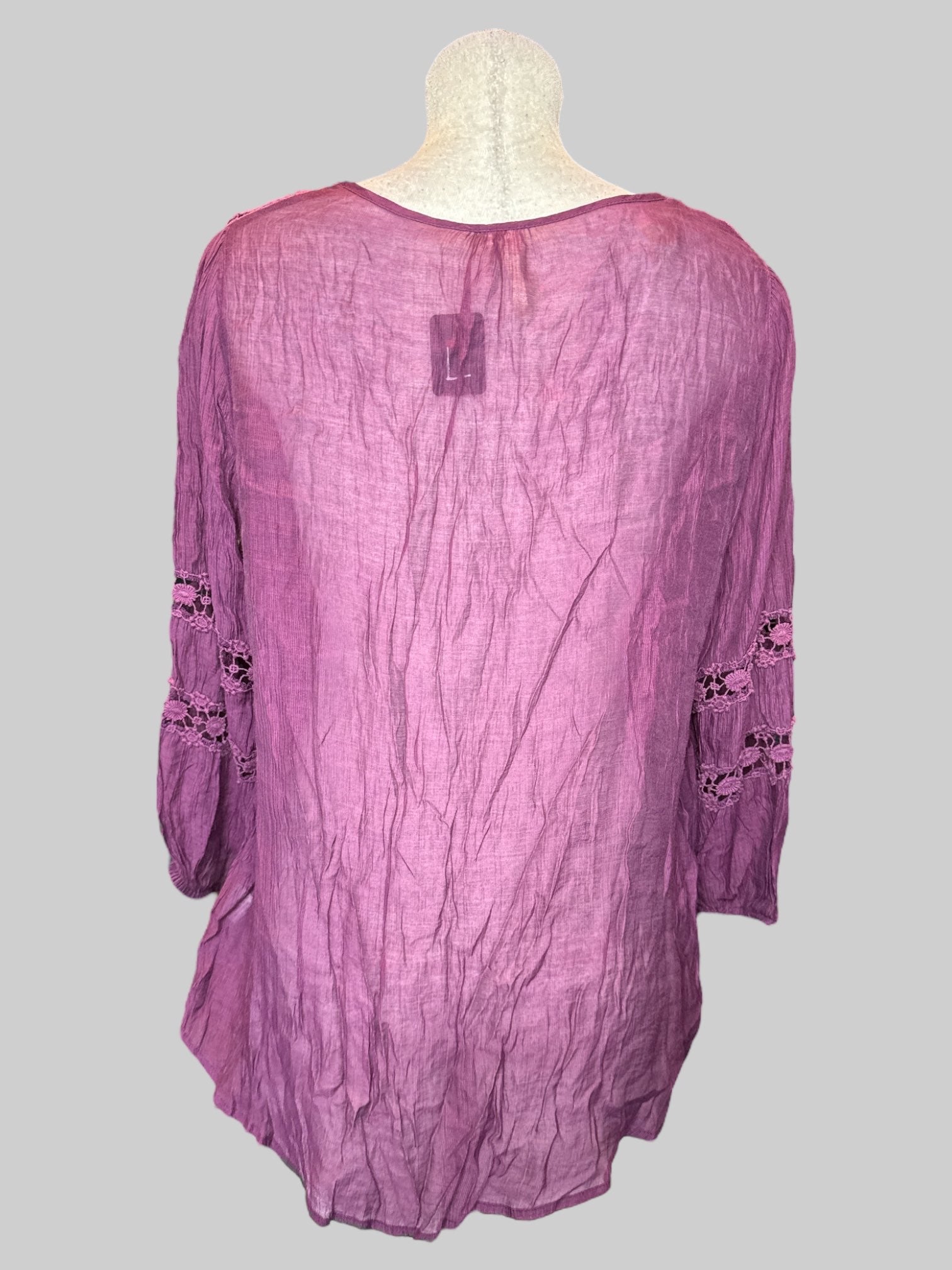 L Sheer flowy purple shirt with lattice cut outs and balloon sleeves