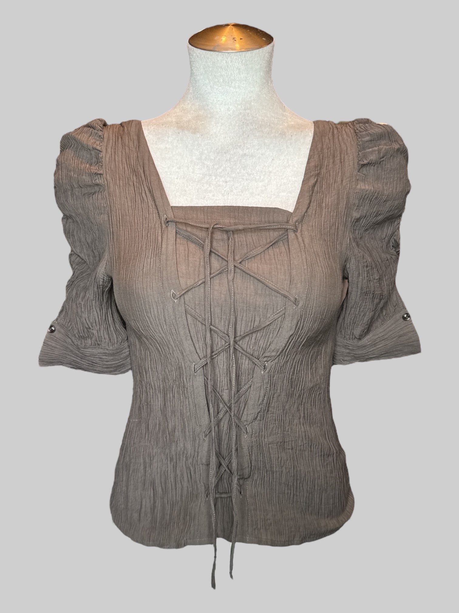 S Brownish grey textured top with lace up front and ruched sleeves