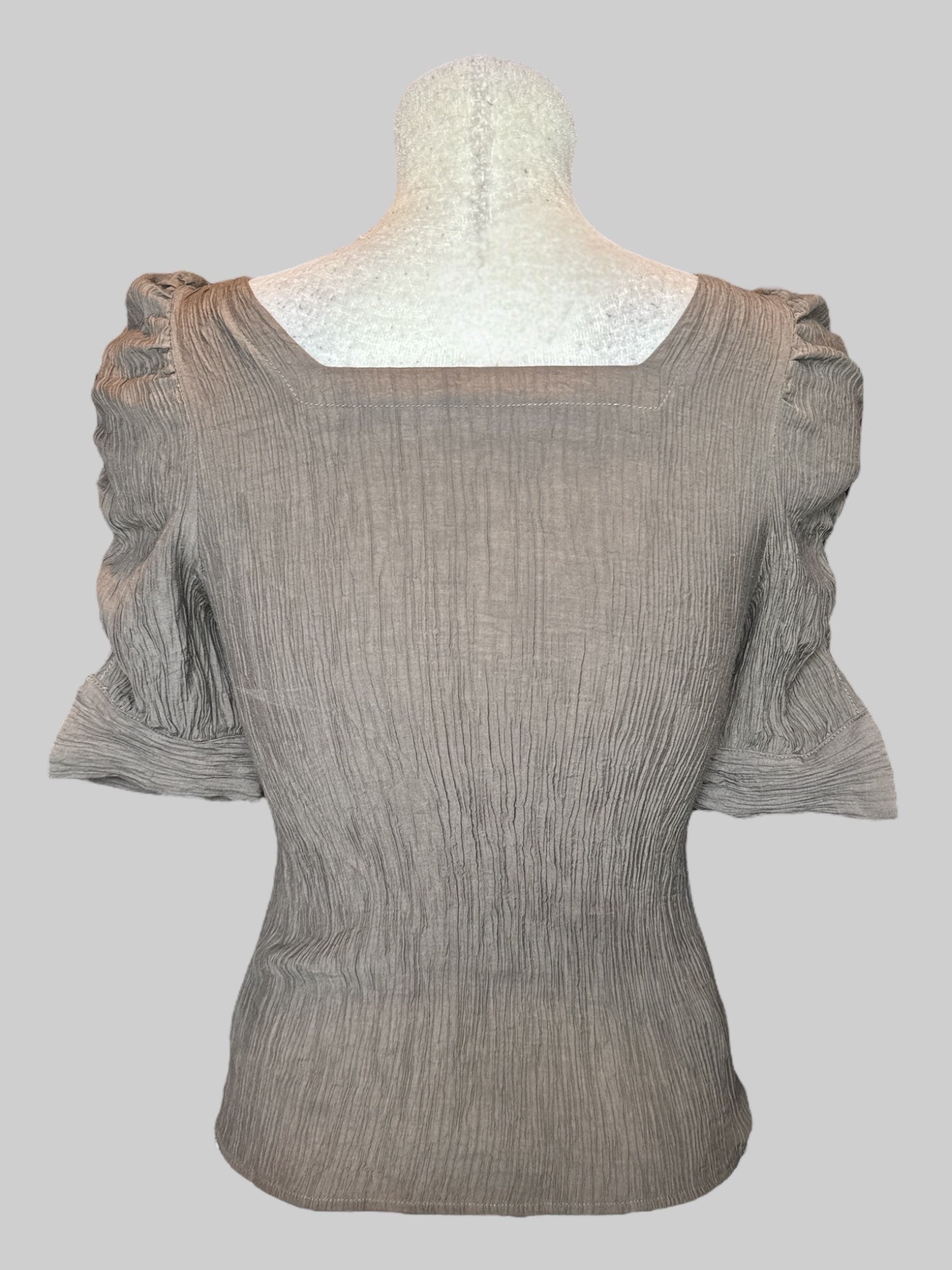S Brownish grey textured top with lace up front and ruched sleeves