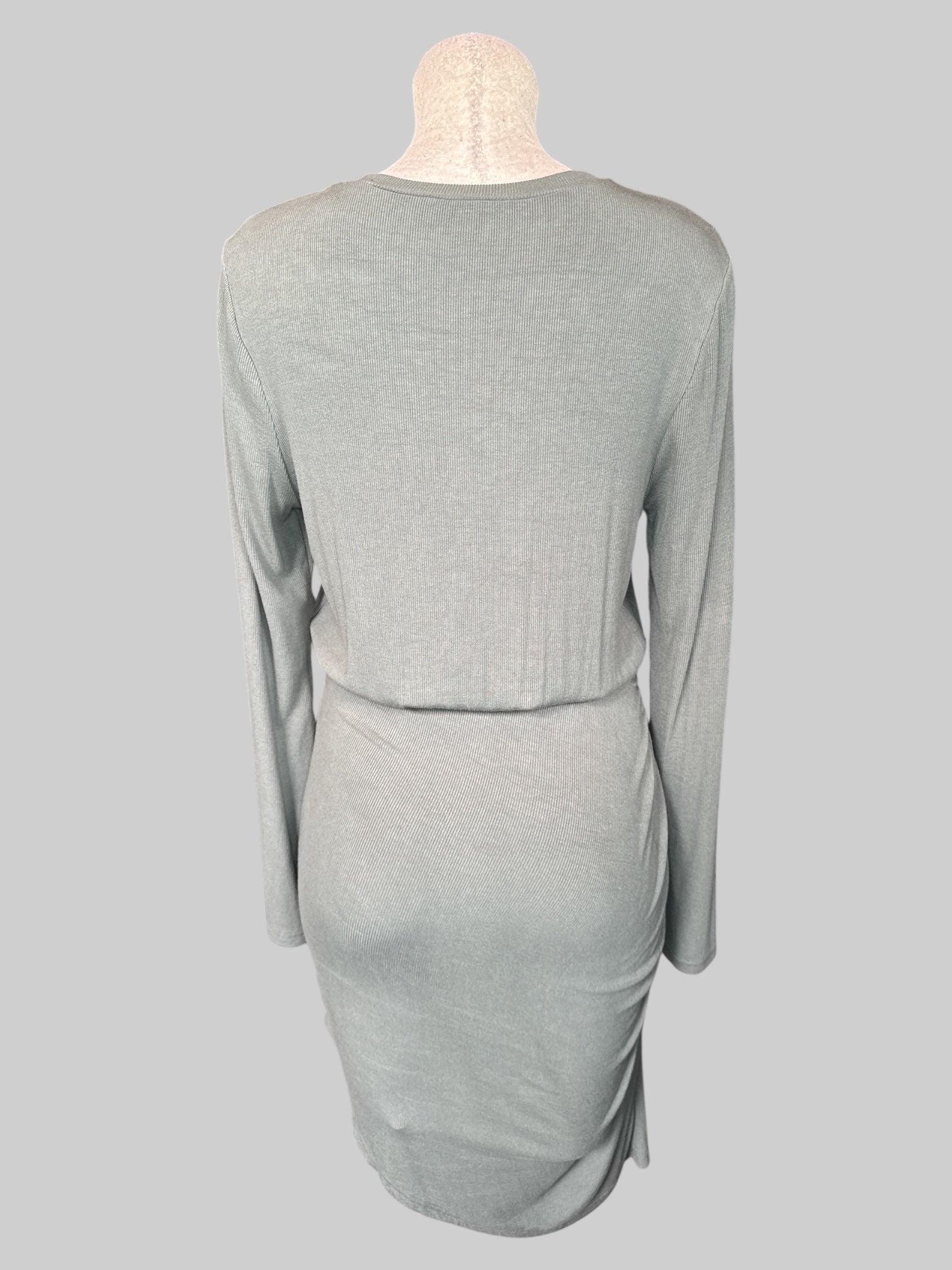 L Dusty green long sleeve dress with tie on front, asymmetrical hem, and ribbed texture