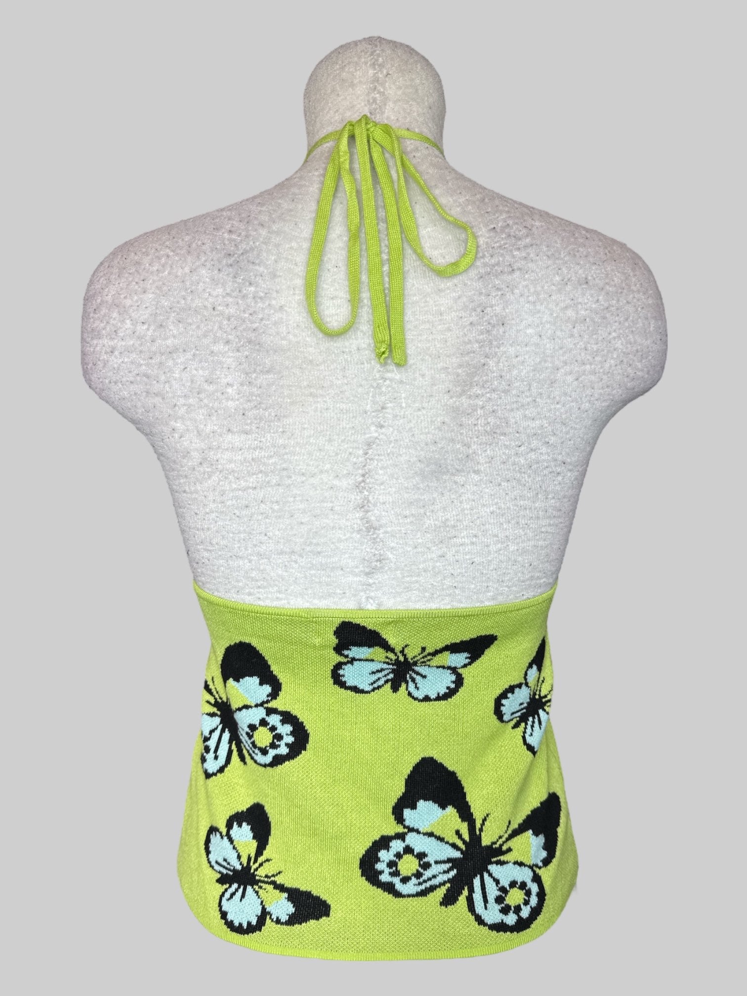 L Light green knit halter top with butterflies