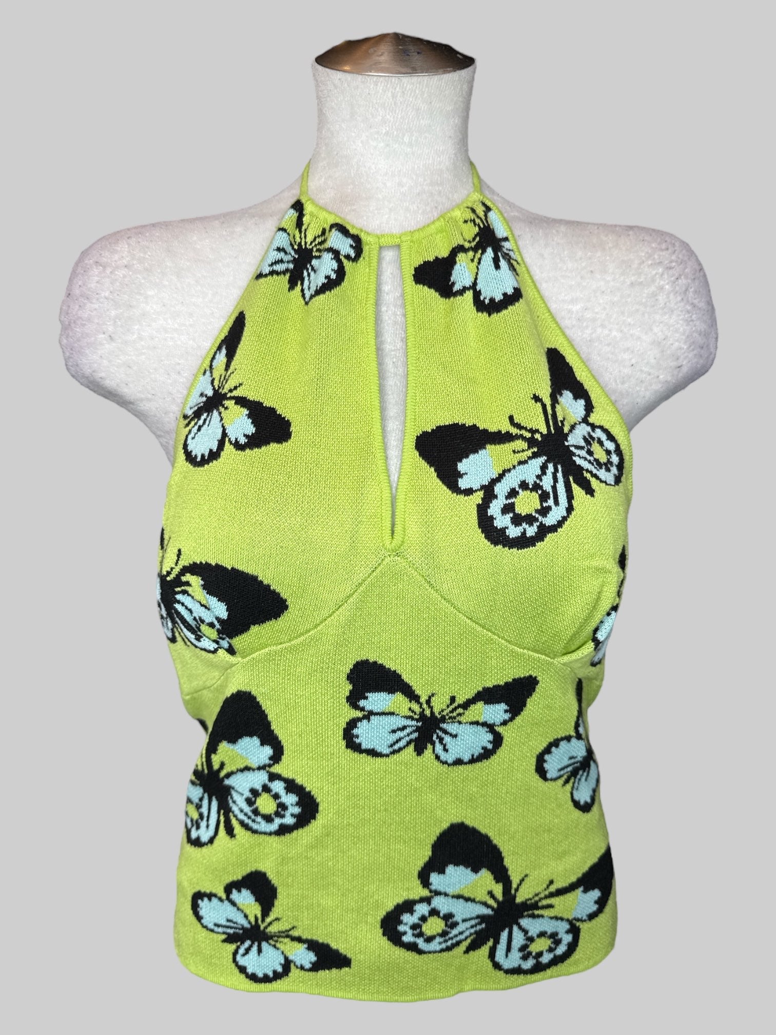 L Light green knit halter top with butterflies