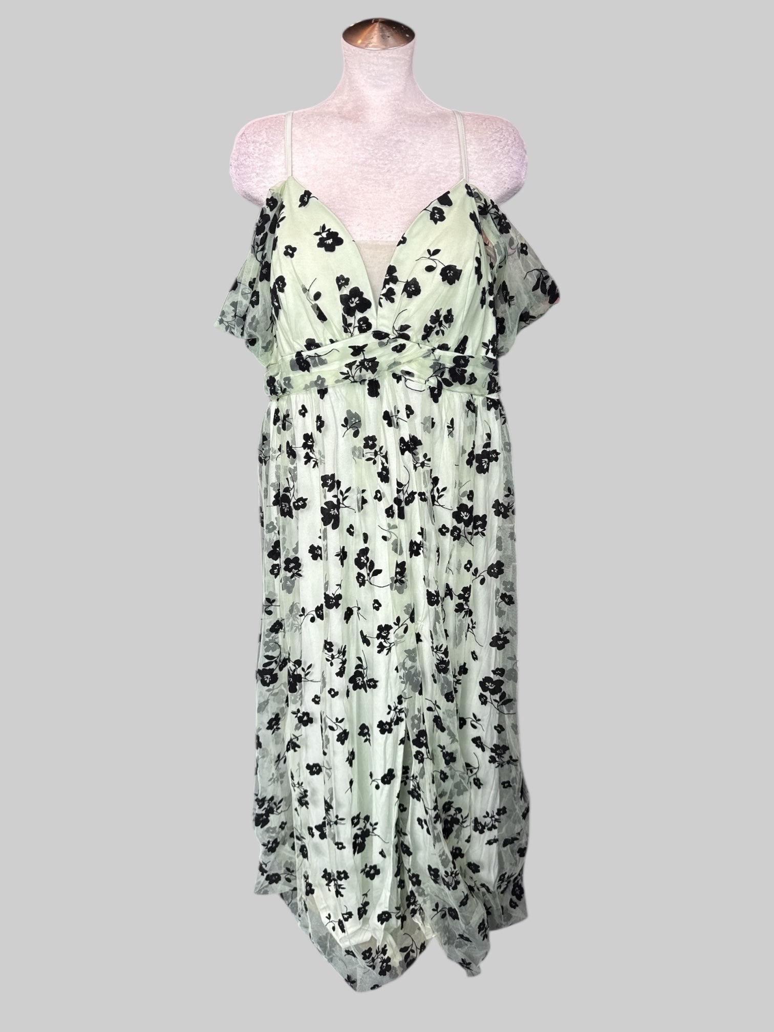 3X Light green floral sleepless dress with off the shoulder, velvet black floral print, and zipper on back