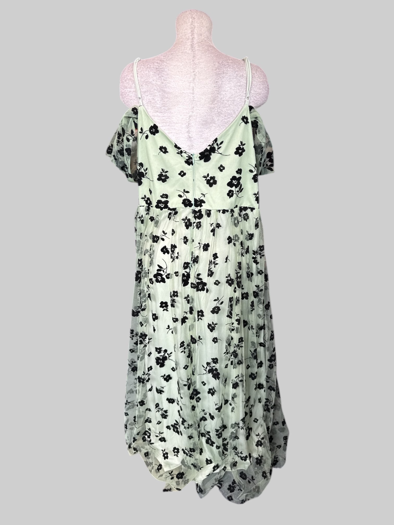 3X Light green floral sleepless dress with off the shoulder, velvet black floral print, and zipper on back