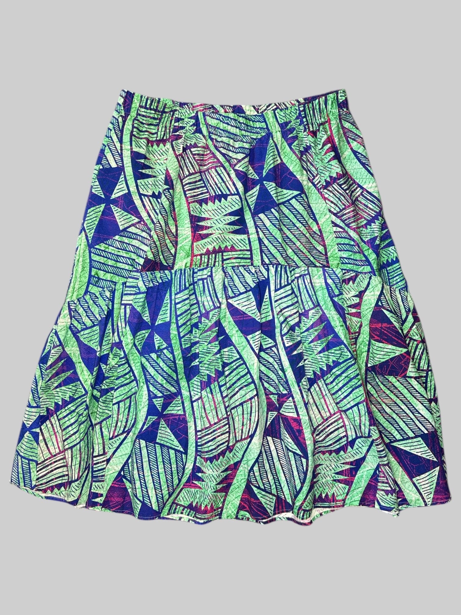 0X Light green skirt with tear design, purple and pink, geometric design, and elastic waist