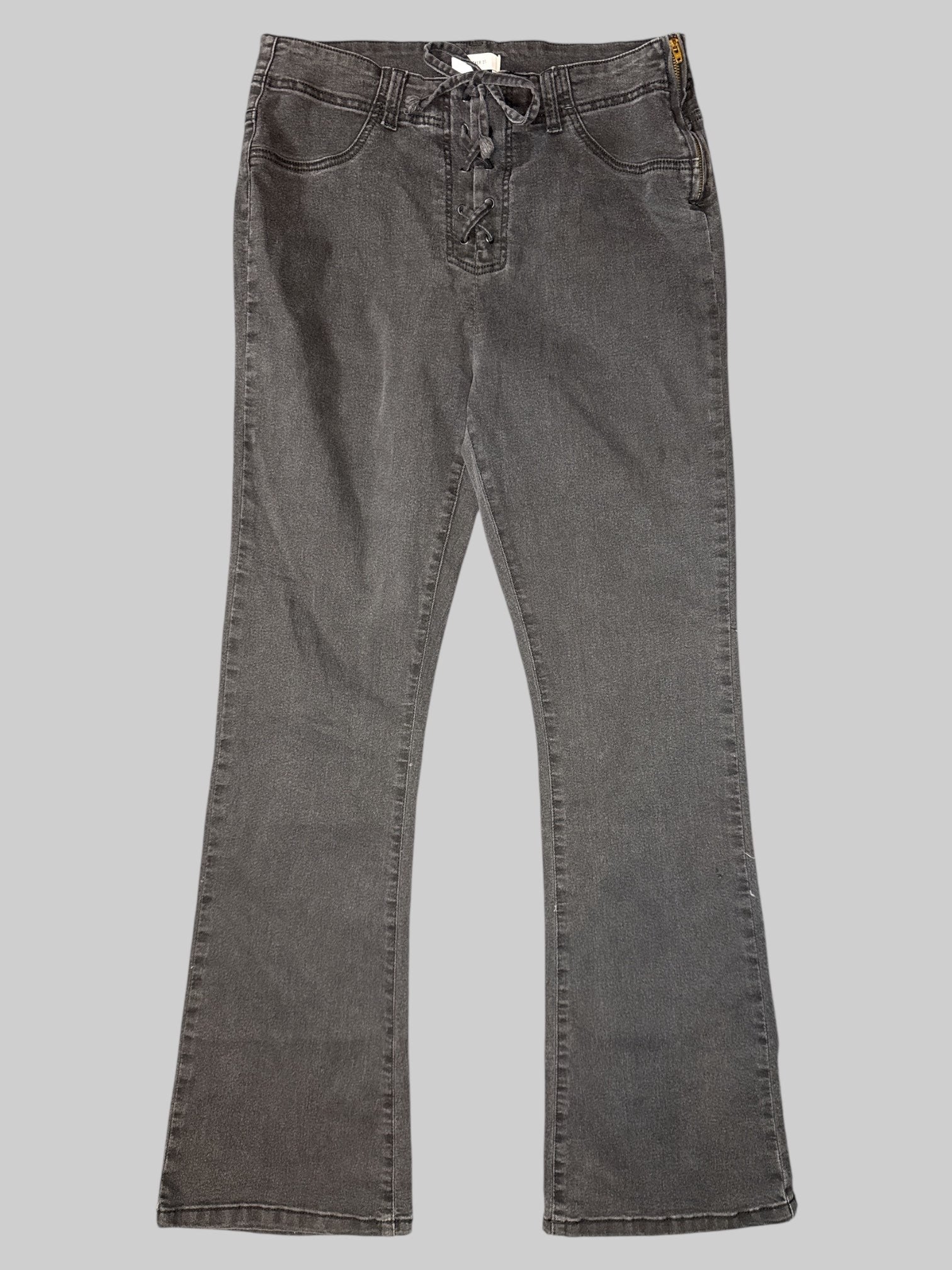 L Black washed out pants with pockets, belt, loops, and lace up closing