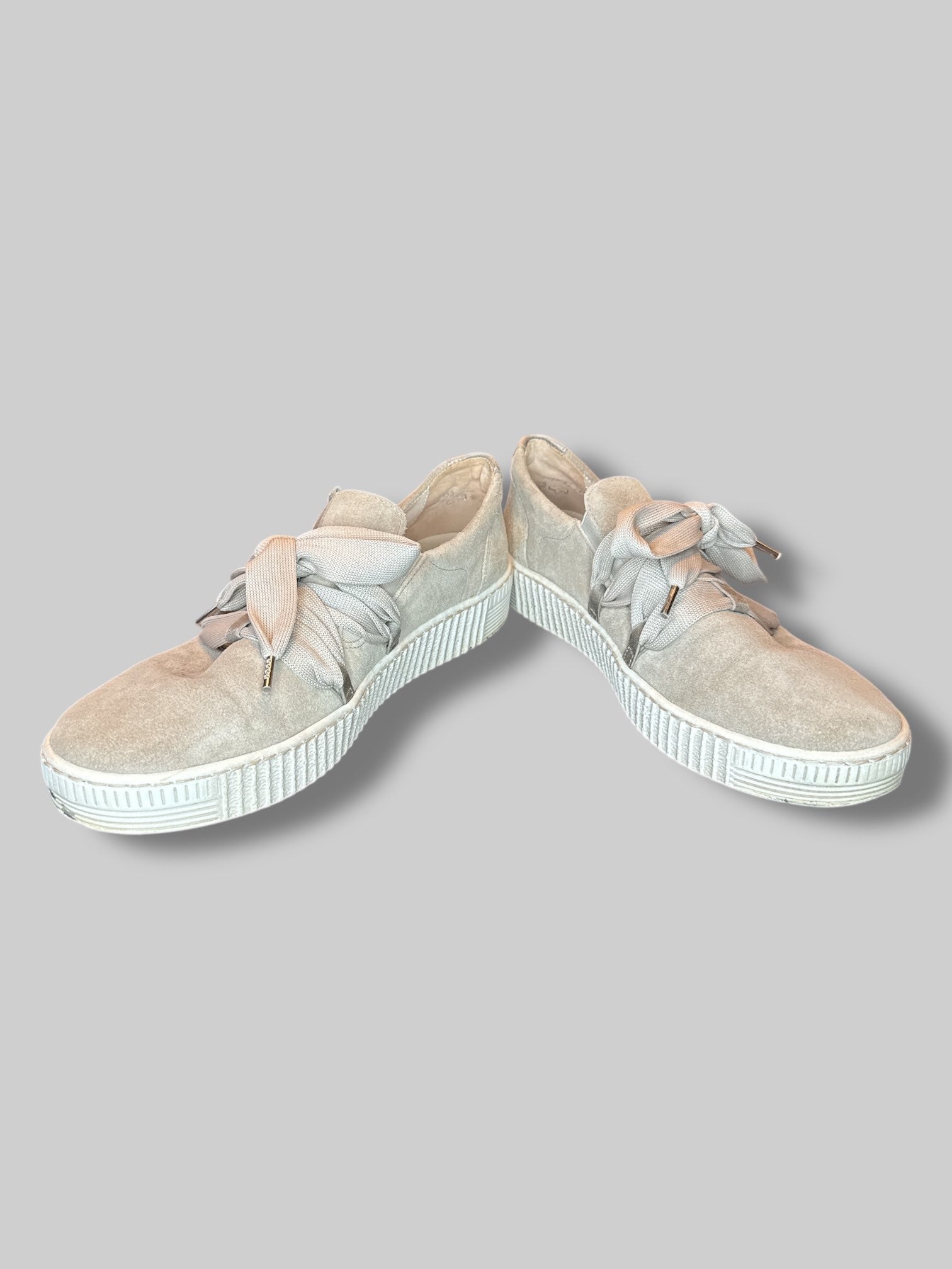 Size 7 1/2 Cabor women’s beige suede like sneakers with lacing, elastic on tongue, and wear on bottom