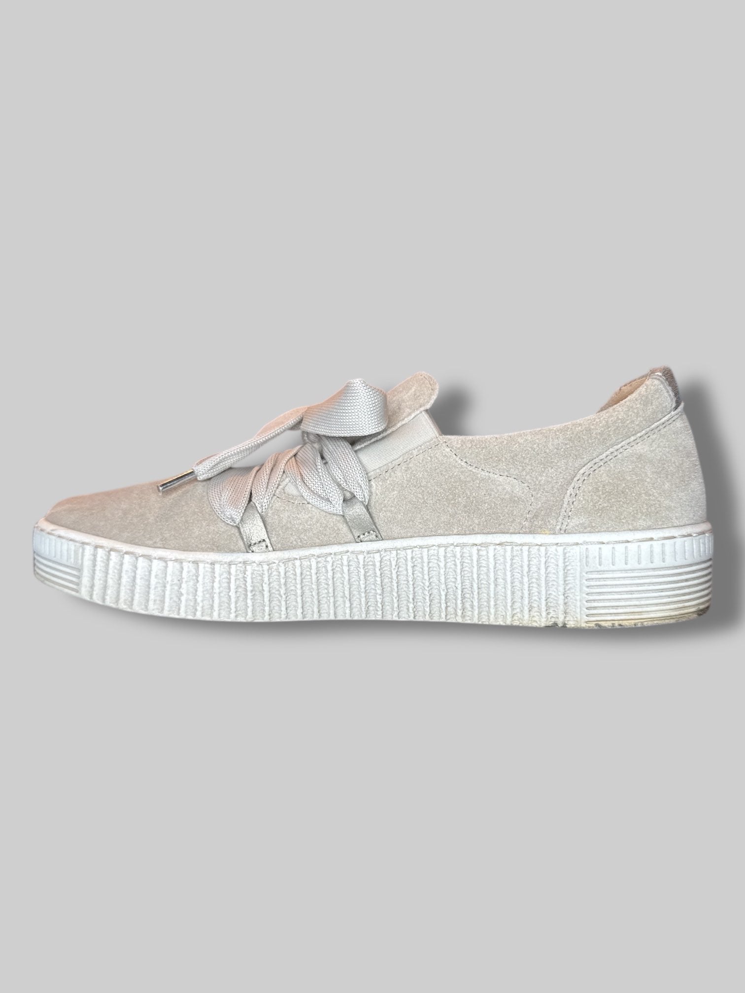 Size 7 1/2 Cabor women’s beige suede like sneakers with lacing, elastic on tongue, and wear on bottom