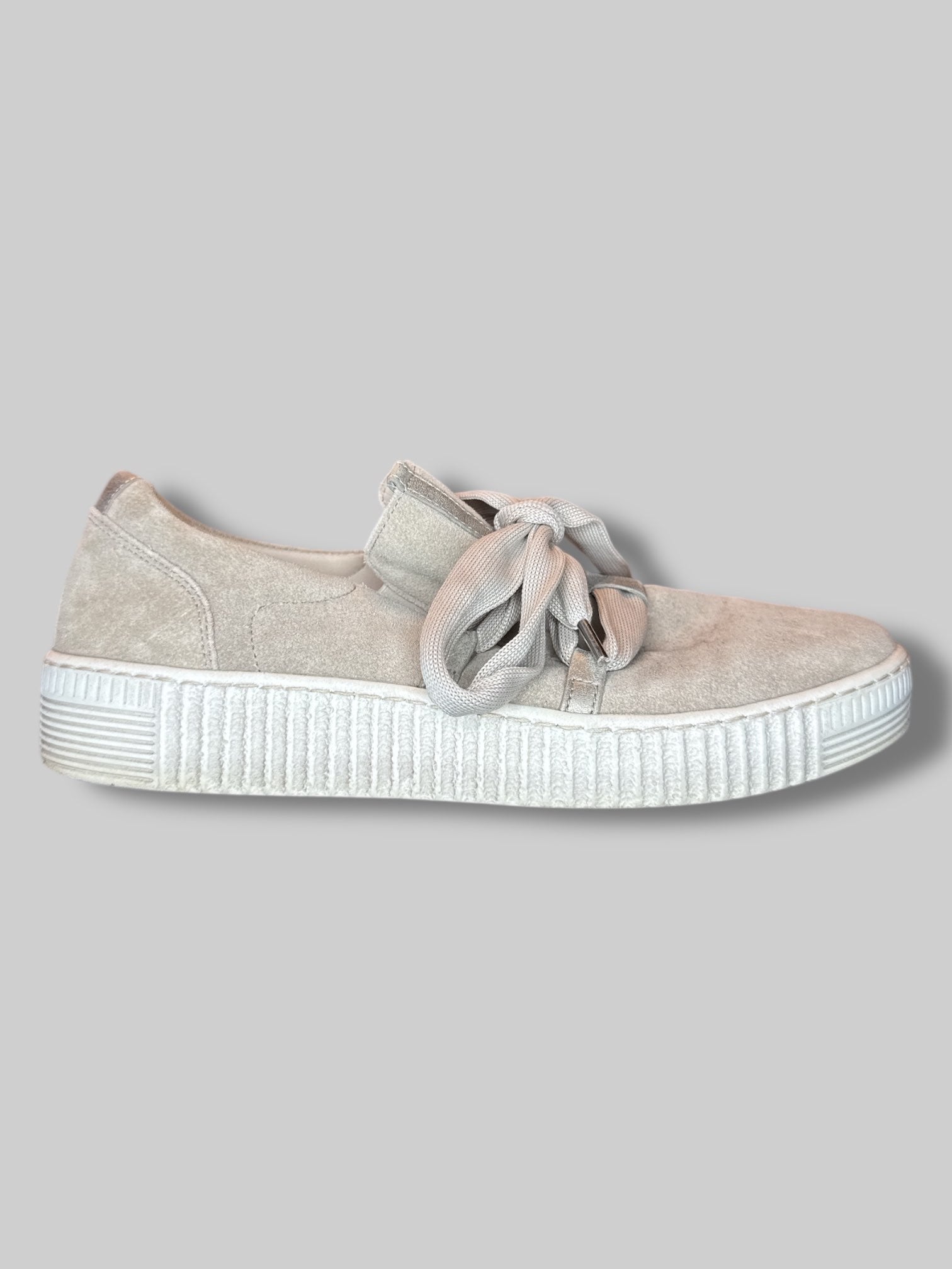 Size 7 1/2 Cabor women’s beige suede like sneakers with lacing, elastic on tongue, and wear on bottom