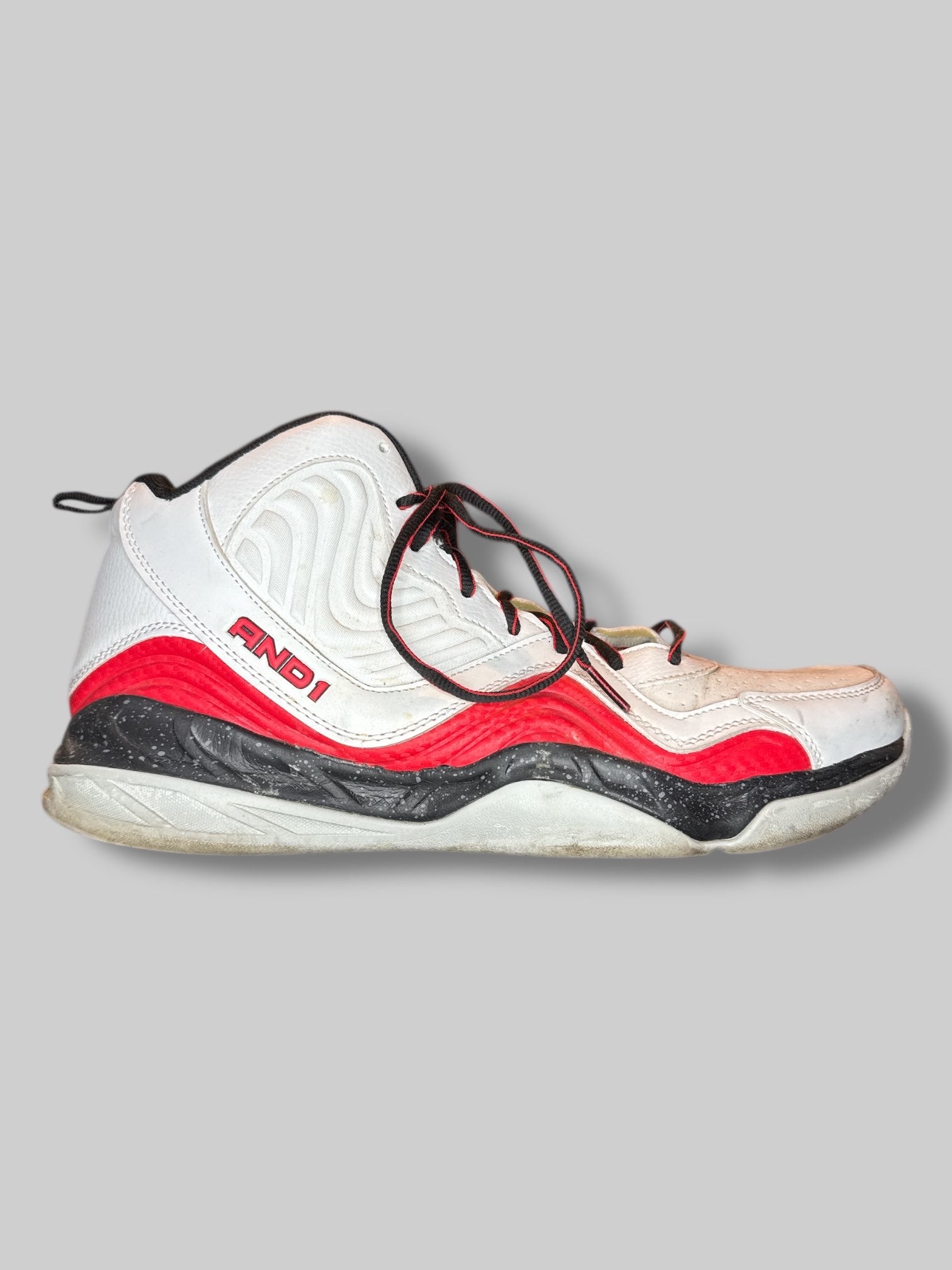 Size 13 AND 1 men’s white, red, and black high top sneakers