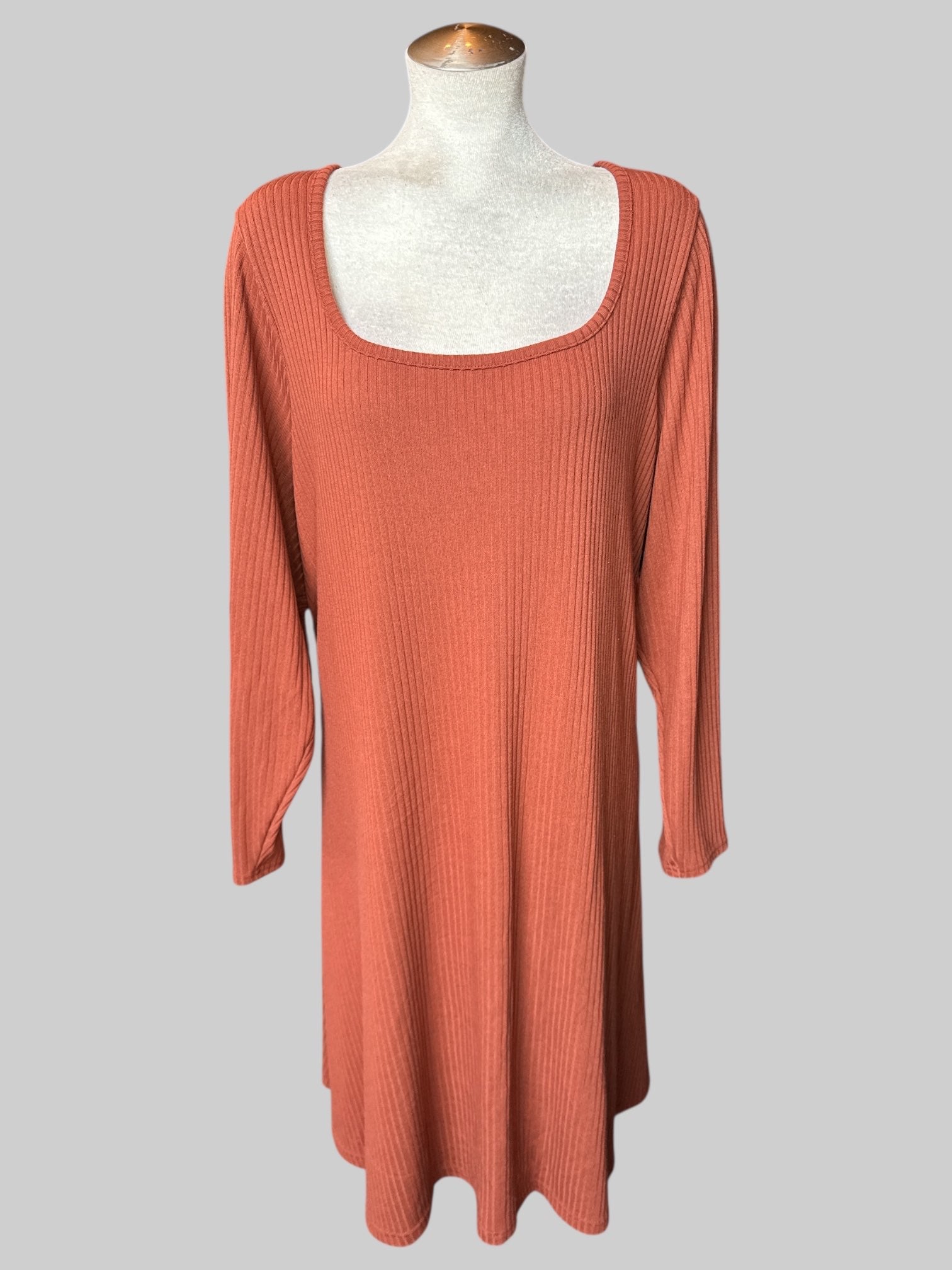 4X Terra-cotta long sleeve rib dress with square neckline