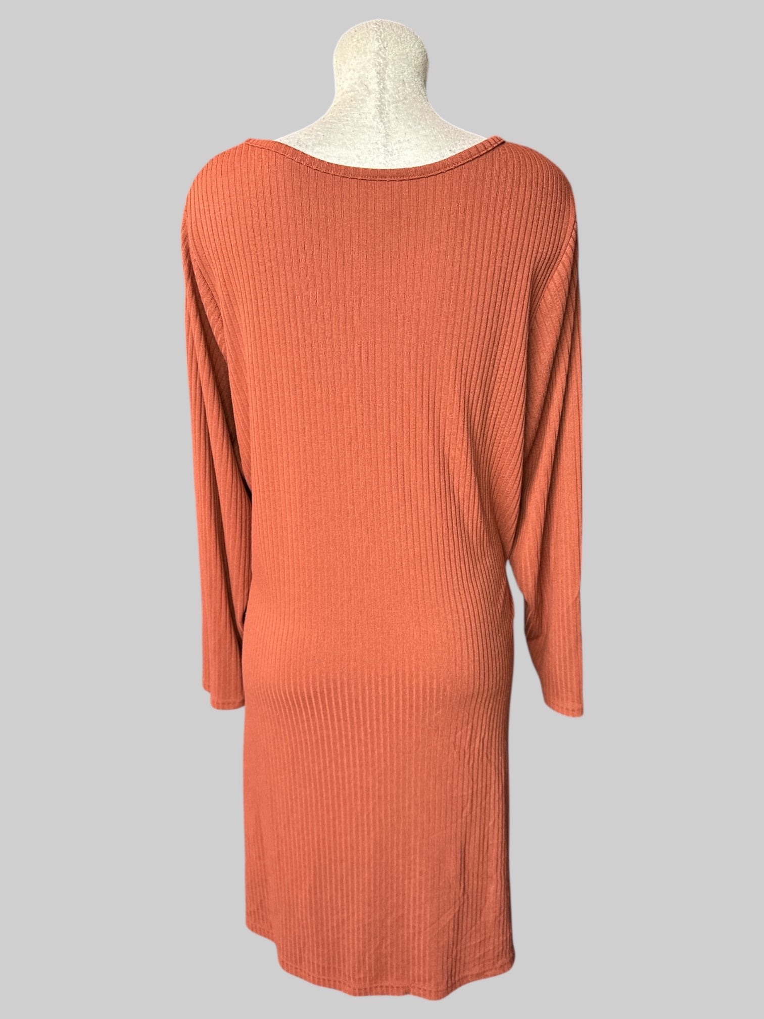 4X Terra-cotta long sleeve rib dress with square neckline