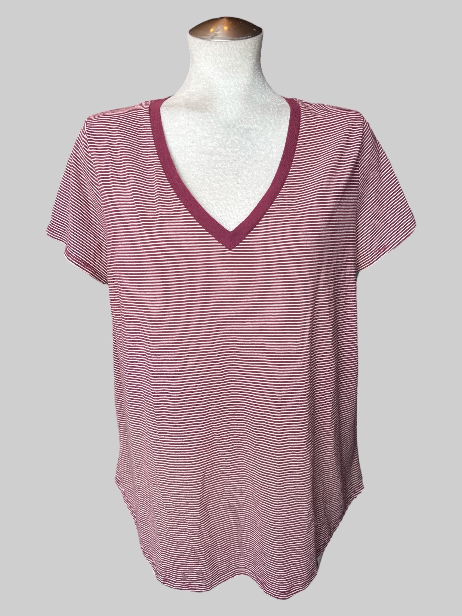 2X Maroon and white striped tee with V-neck