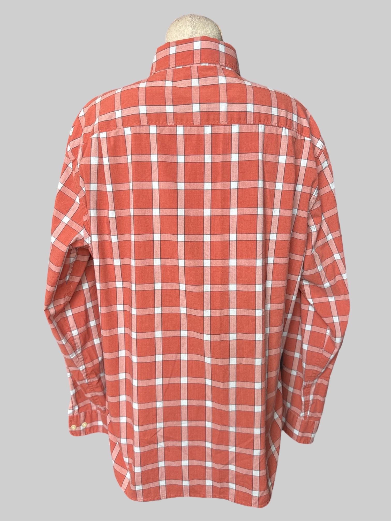 1X Orange blue and white plaid button down top with pocket on front