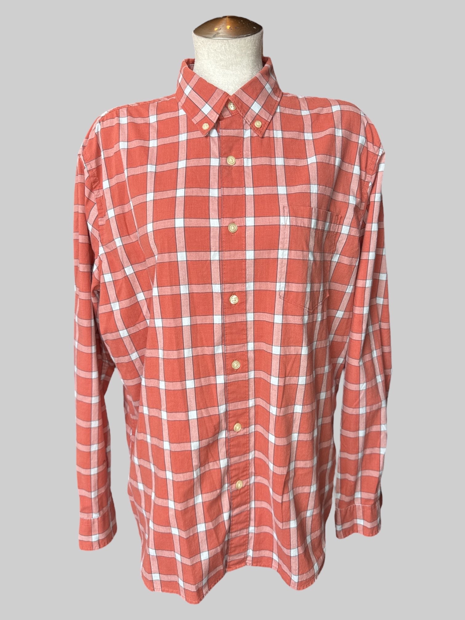 1X Orange blue and white plaid button down top with pocket on front