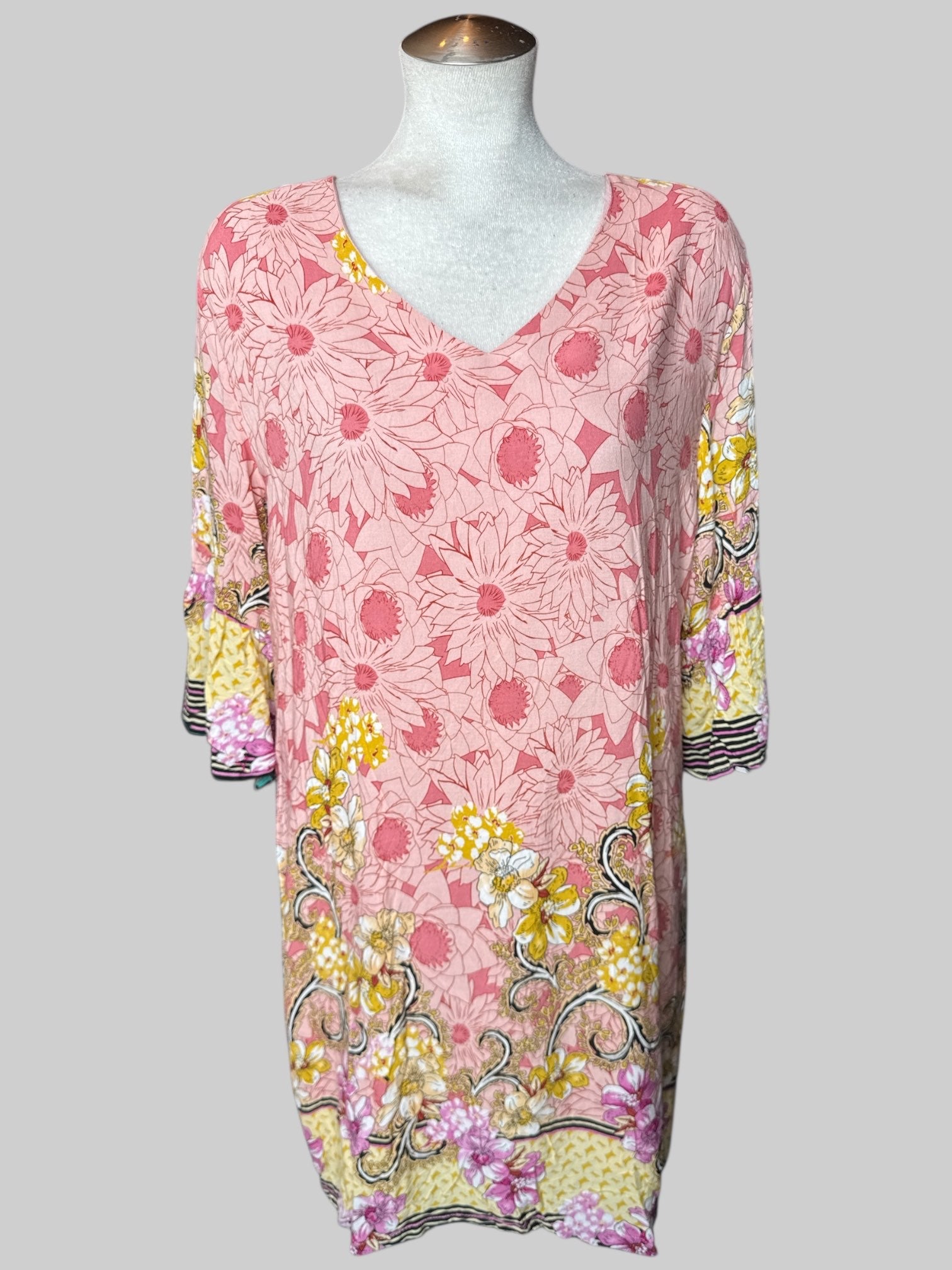 XL Pink floral dress with yellow and black floral ornate design on bottom, and zipper on back