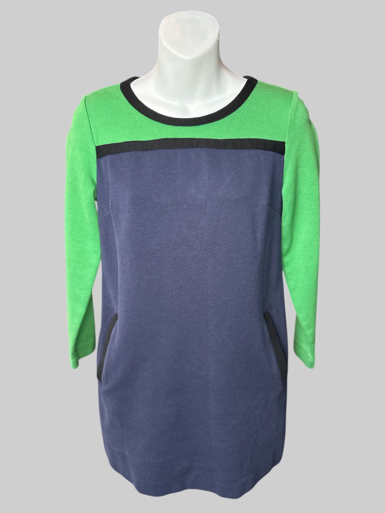 S Green, navy blue, and black color block dress with zipper on back, and pockets on front