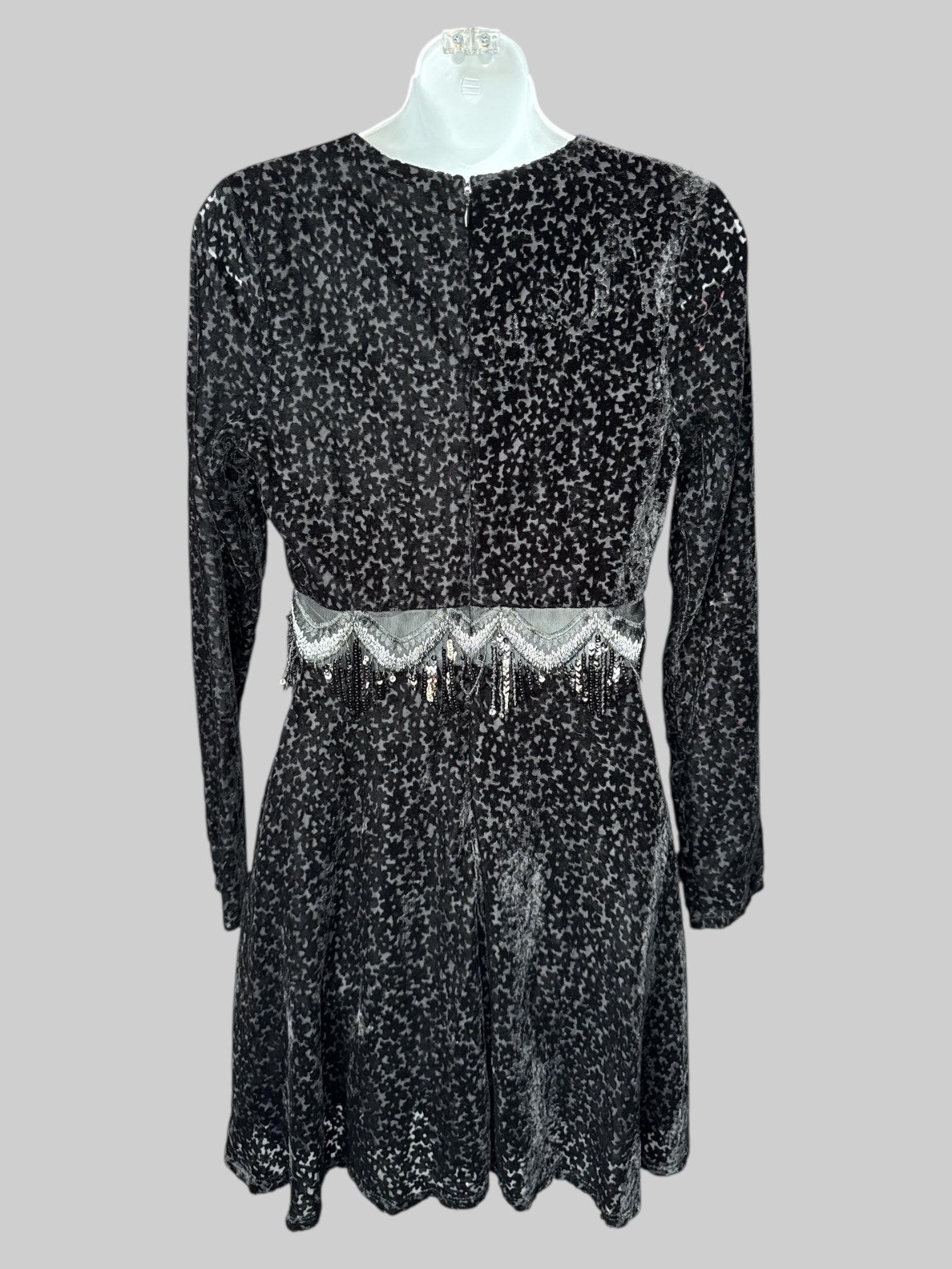 S NWT black long sleeve sheer dress with floral, velvet burnout, design, and mesh was with embroidery and sequin