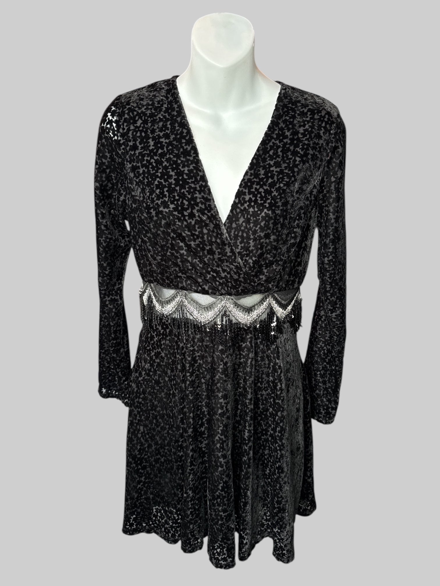 S NWT black long sleeve sheer dress with floral, velvet burnout, design, and mesh was with embroidery and sequin